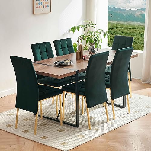 Vista 7 de Juego de mesa de comedor para 6, moderno juego de comedor de mediados de siglo con 6 elegantes sillas de comedor de terciopelo, mesa de madera MDF