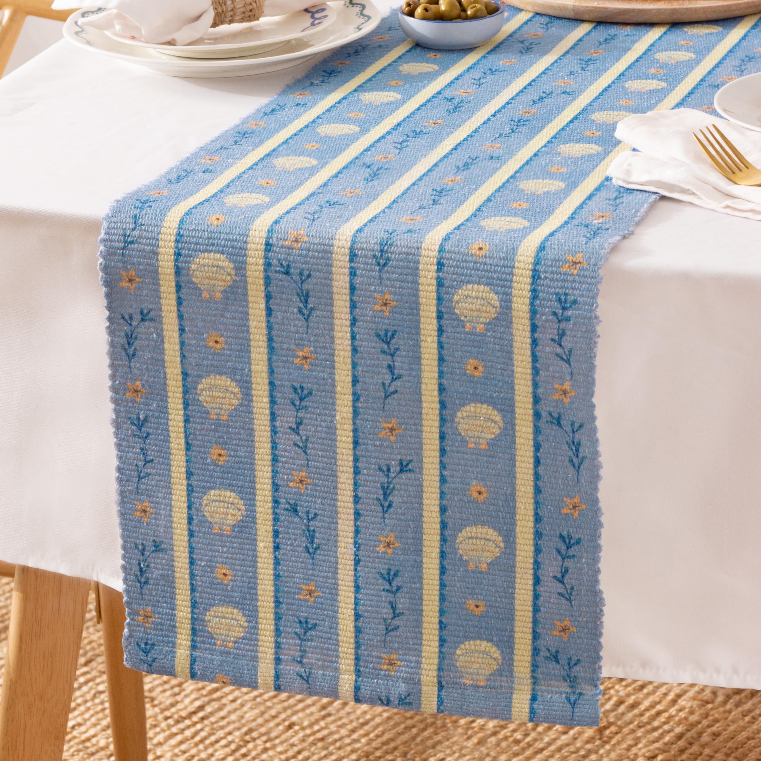 furn. Sea Shells Table Runner – Washable Nautical Stripe Coastal Quick Drying Dining Table Decoration (Blue - 220x35cm)