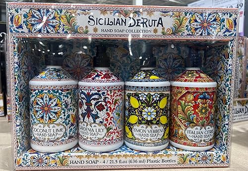 Sicilian Deruta  Colección de jabón de manos  Botellas de plástico de 4 x 21.5 onzas líquidas  Cítricos italianos  Verbena limón  Lirio de Gardenia