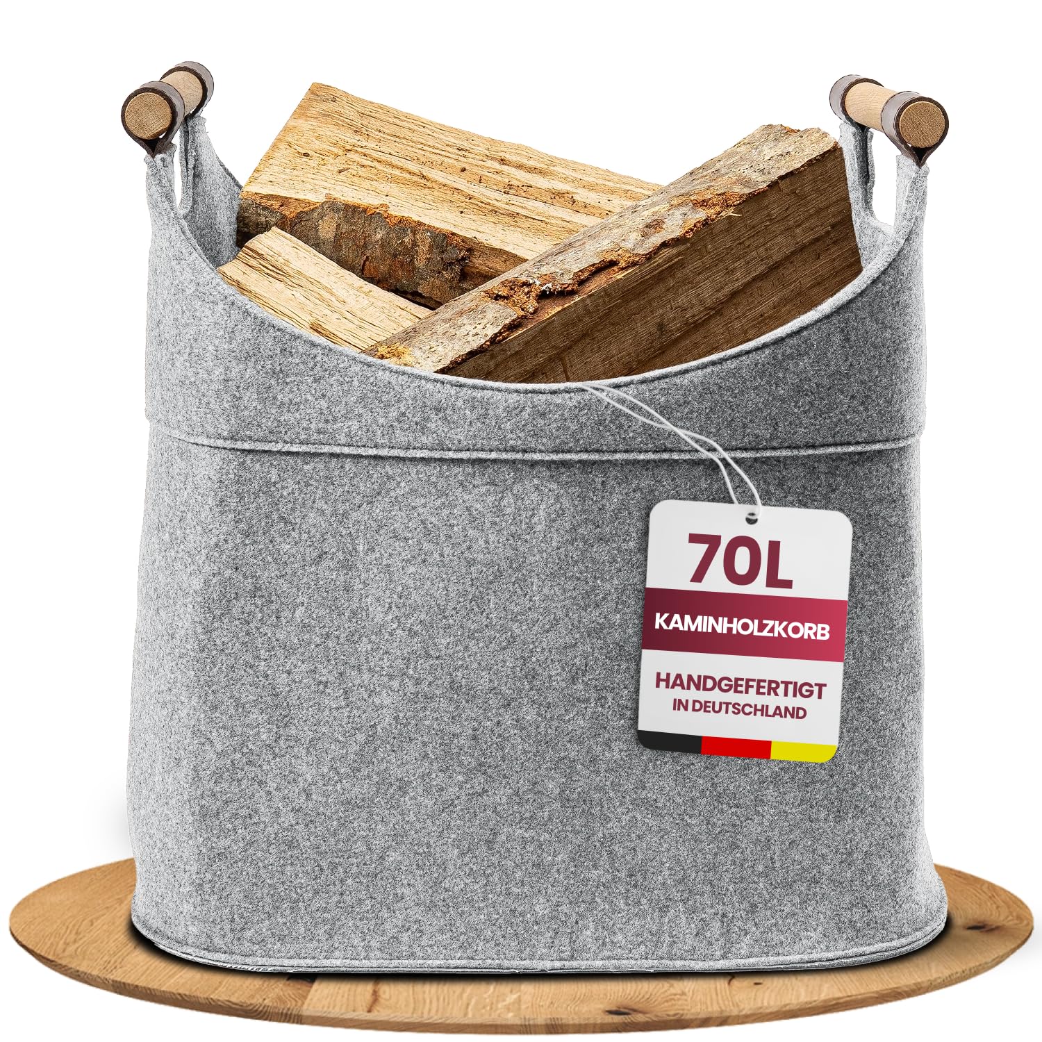 Cesto in feltro per legna da ardere grande [70 L] con manici in vero legno (quercia) e fondo in pelle, prodotto in Germania, cestino per legna da ardere XXL, in feltro riciclato Easy and Green (grigio