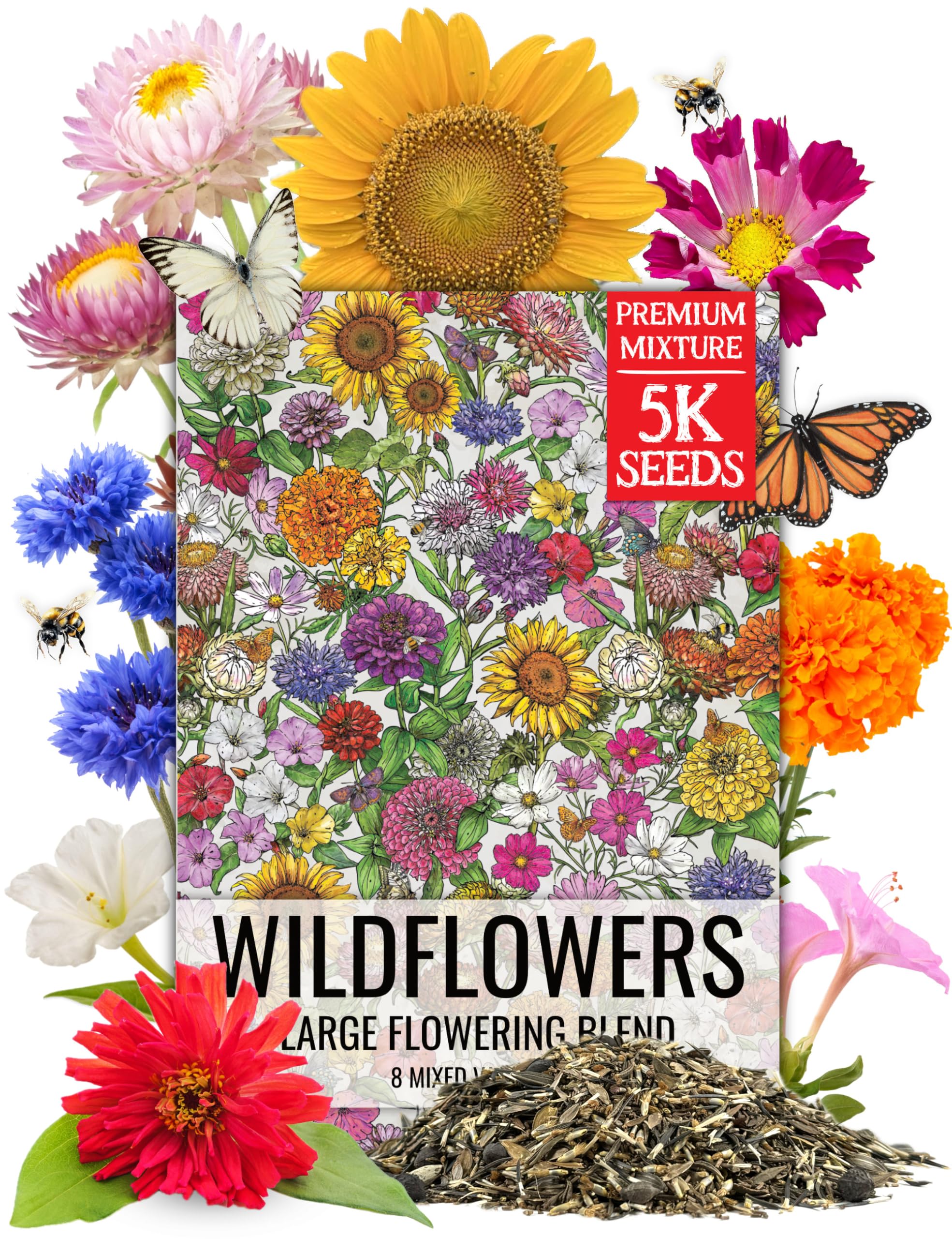 Seed Needs Garden Flower Seeds Large Blooms Mix Hummingbird and Butterfly | 1 Ounce No Filler 7 Varieties Open Pollinated | Resealable Package Live Wild Flower Seed | Bulk