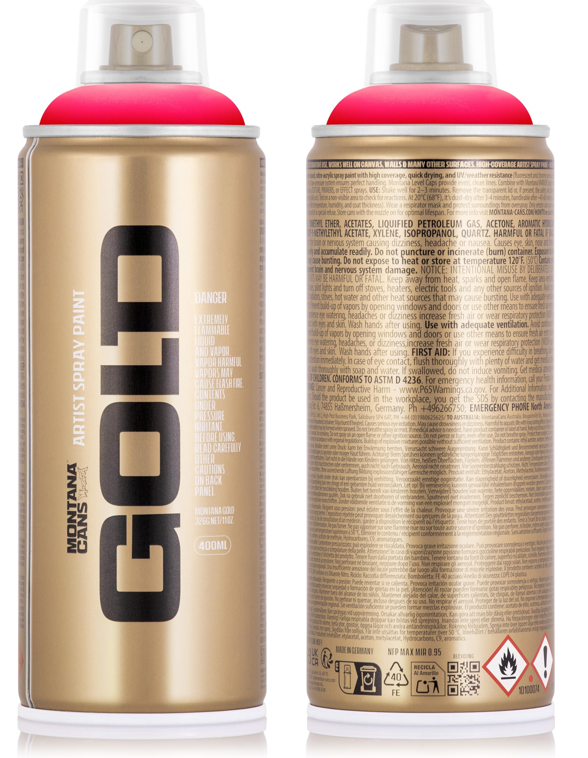 Montana GOLD zestaw puszek z rozpylaczem, 400 ml, 6 kolorów, neonowy, zielony, różowy, pomarańczowy, niebieski, czerwony, żółty, w zestawie 3 głowice natryskowe, maska ochronna i rękawica nitrylowa