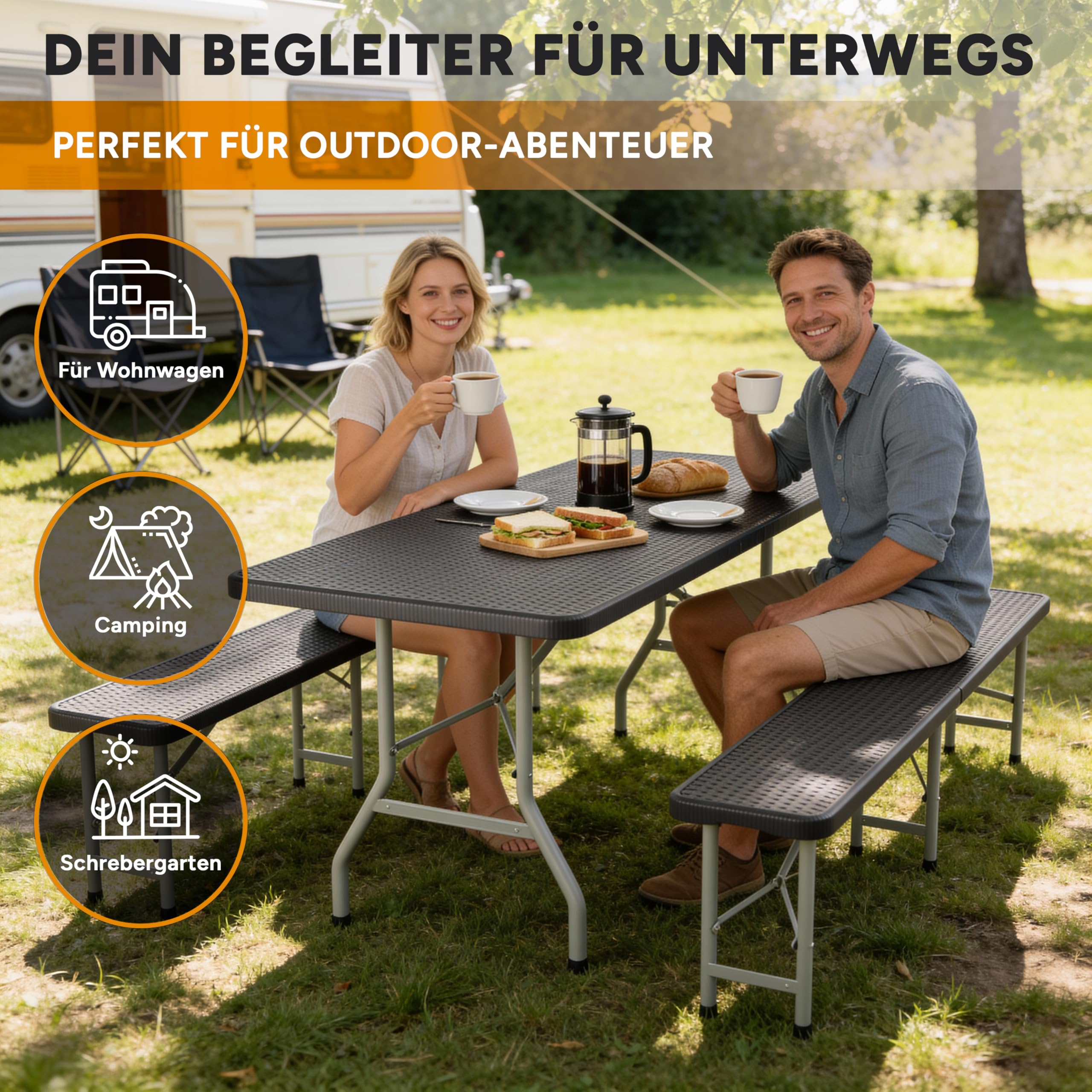Bierzeltgarnitur Klappbar 3-teilig – Kunststoff Biertischgarnitur Tisch & 2 Bänke – Campingtisch, Festzeltgarnitur, Rattan-Optik, Wetterfest, Tragegriff, 500 kg je Bank