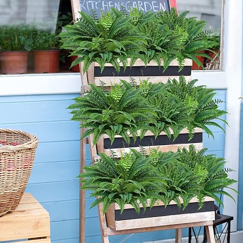 Miniatura 10 de Plantas artificiales de helecho Boston de 15 pulgadas, arbustos que no se decoloran, plantas artificiales, arbustos, vegetación, resistentes a los