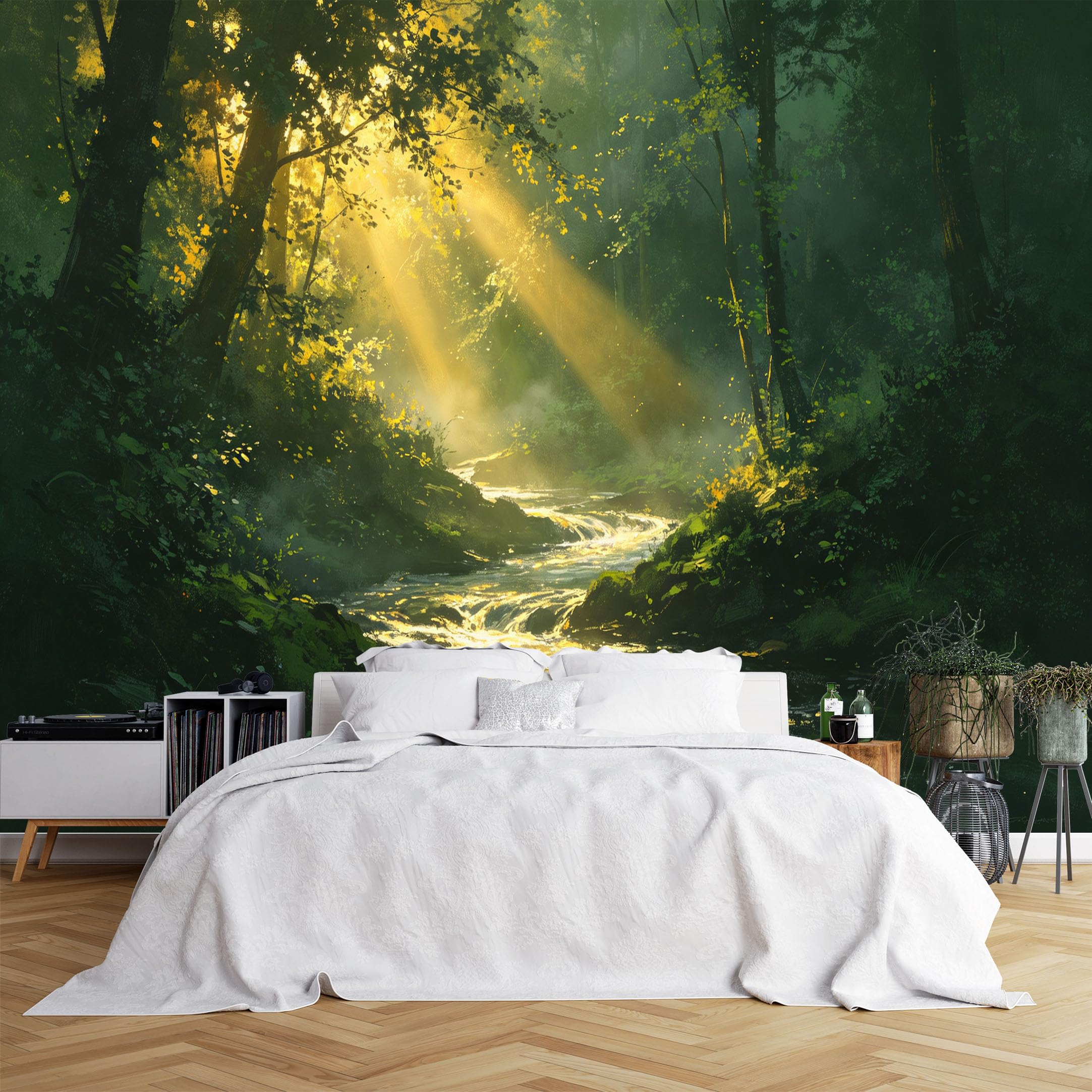 Custom Size Wall Murals Sunlit Forest Stream with Golden Light Rays, HD Self-Adhesive Wall Fabric (NO PVC) Removable Wallpaper for Living Room, Bedroom