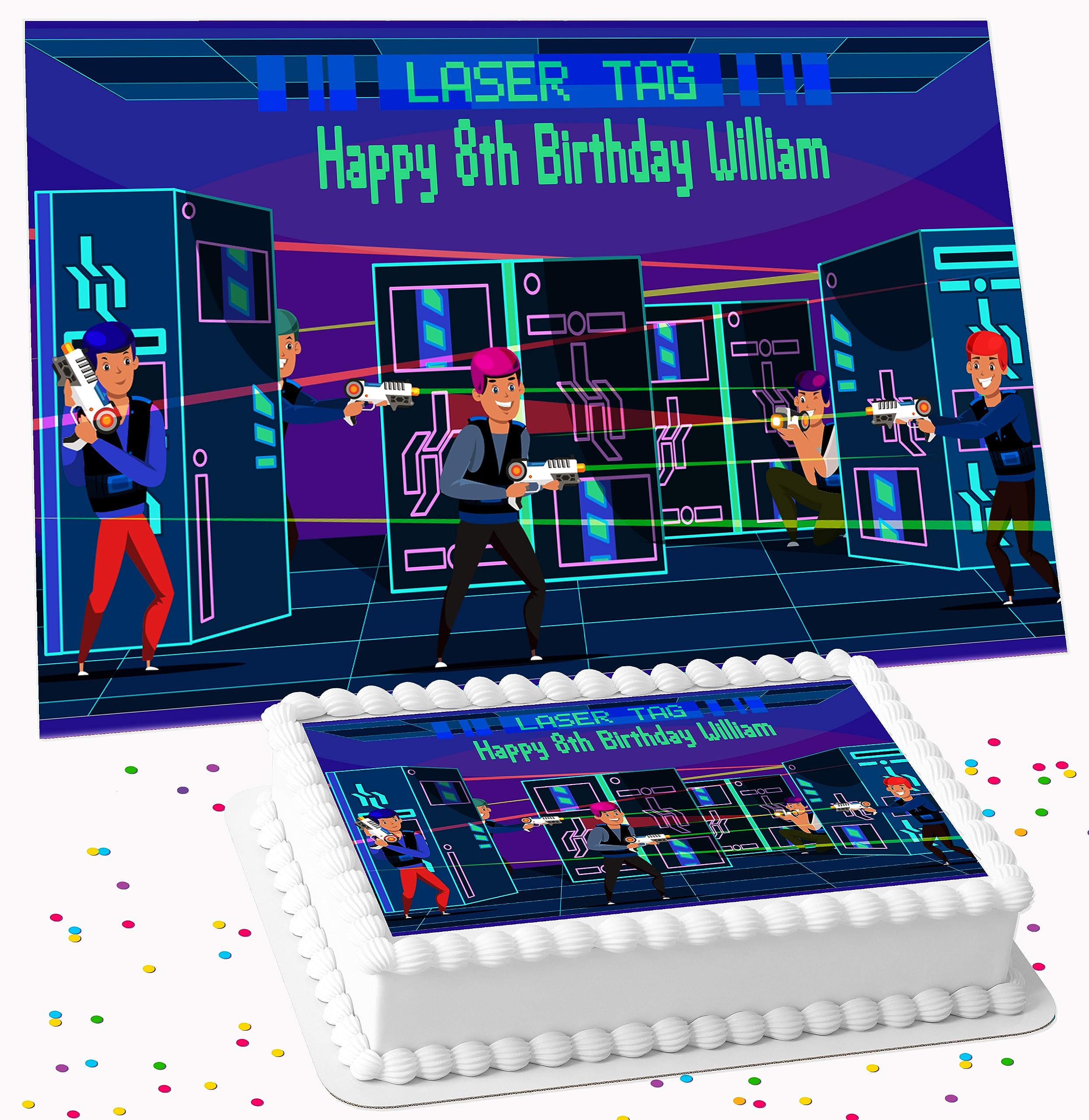 LASER TAG BIRTHDAY PARTY PERSONALISED ICING EDIBLE LARGE CAKE TOPPER DECORATION SUITABLE FOR USE ON COSTCO CAKE R1-302