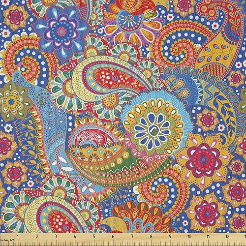 Lunarable Asian Fabric by The Yard, Colorful Paisley Floral Pattern Classical Ornamental Medieval Art, Microfiber Fabric for Arts and Crafts
