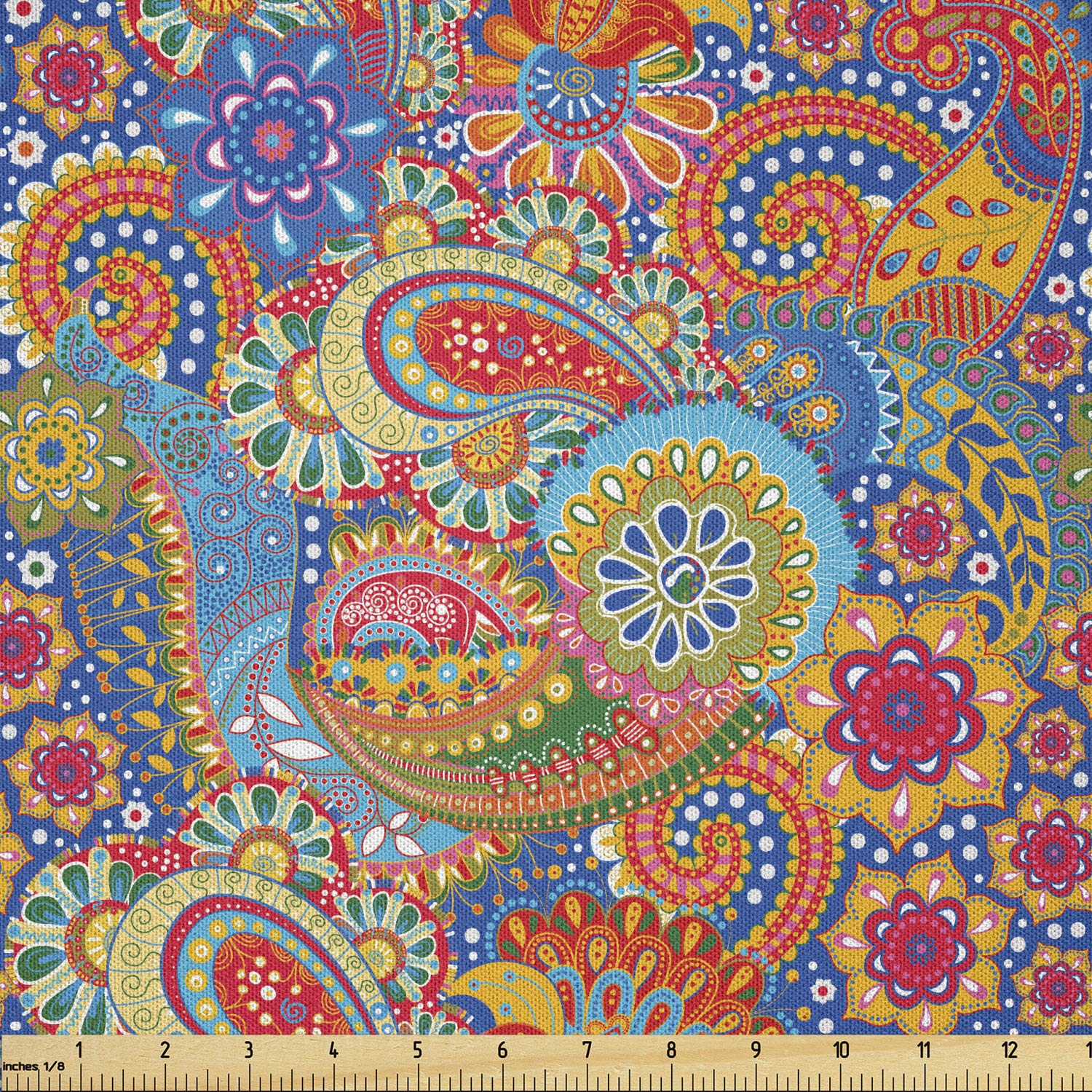 Lunarable Asian Fabric by The Yard, Colorful Paisley Floral Pattern Classical Ornamental Medieval Art, Microfiber Fabric for Arts and Crafts Textiles &amp; Decor, 3 Yards, Green Mustard