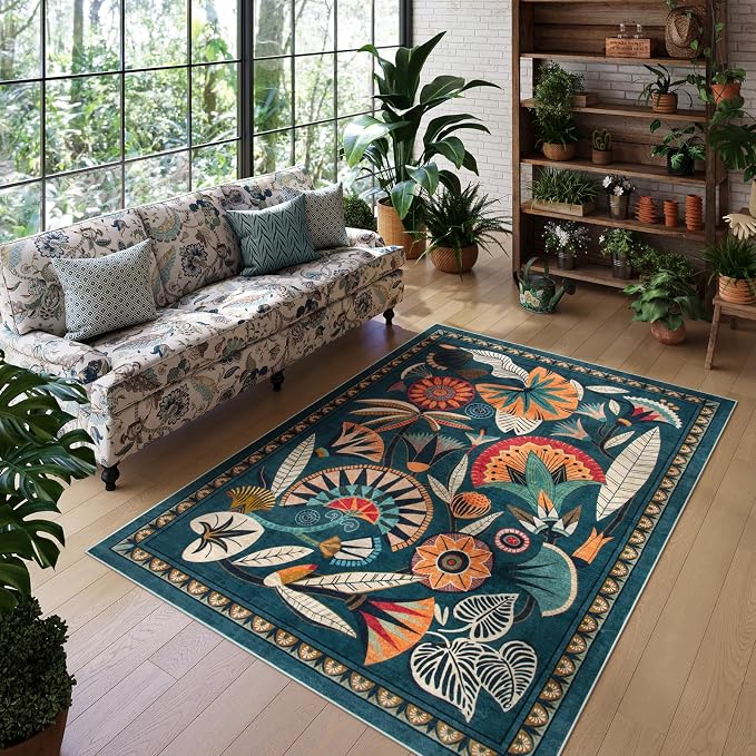 Boho Washable Green Bathroom Kitchen Runner Rug, 2x8 Egypt Hallway Entryway Rug Runner, Non Slip Botanical Floral Vintage Carpet for Entry Living Laundry Room (Dark Green, 2 x 8)