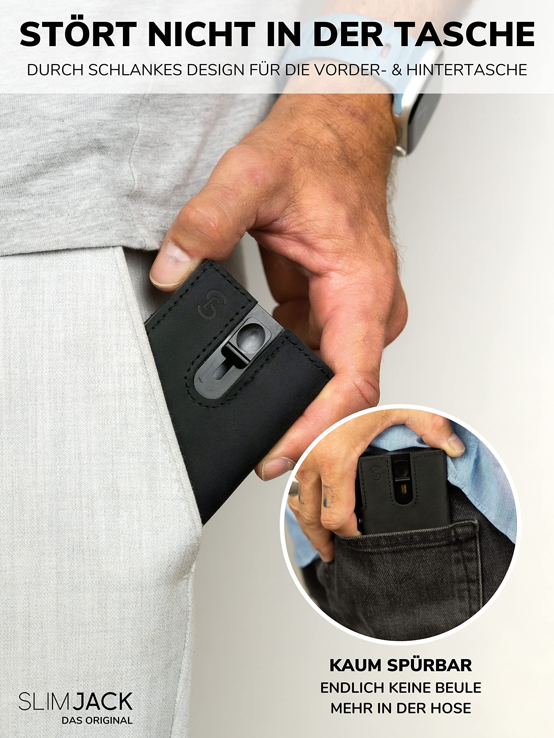 SLIMJACK Smart Wallet mit Gravur Wunschtext - Kreditkartenetui mit RFID-Schutz - Geldbeutel für Herren - Slim Wallet mit Münzfach - Smart Wallet für Karten & Münzen - Schwarz