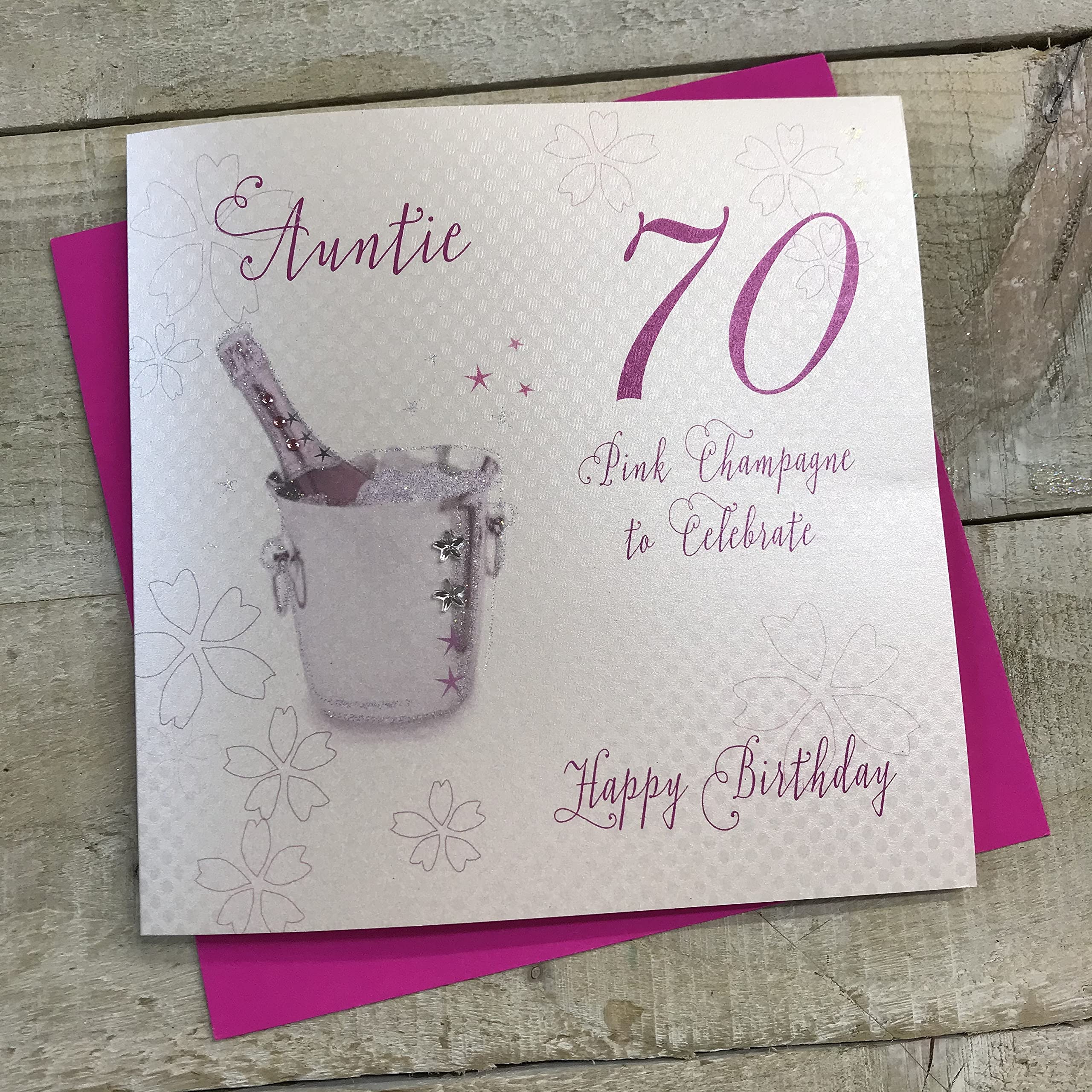 WHITE COTTON CARDS "Pink Champagne, Auntie 70 Happy Birthday Handmade 70th Birthday Card, White, WBA70P-A