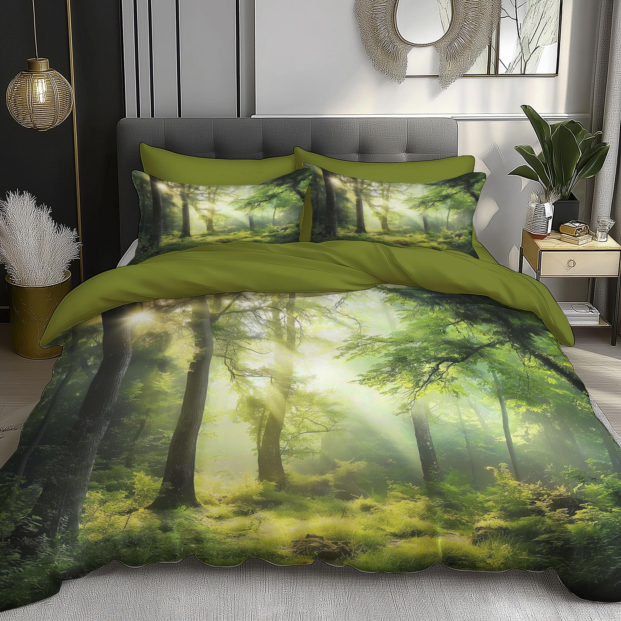 Housse de couette 200x200cm forêt verte et 2 taies d'oreiller