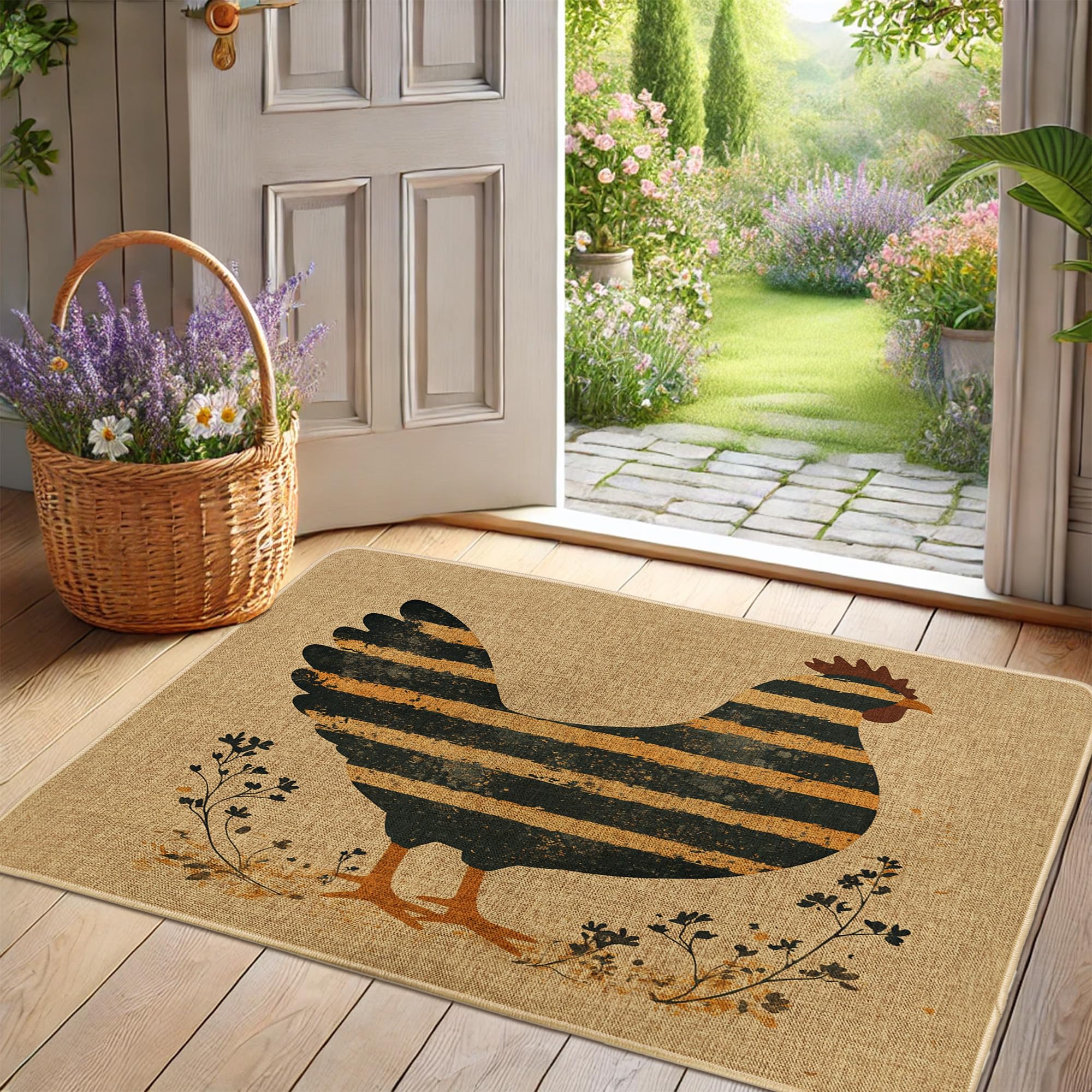 Charming Chicken Doormat, Black and Gold Stripes Chicken Door Mat for Farmhouse Decor, Non-Slip Indoor & Outdoor Entrance, Easy to Clean 29x17 Inch