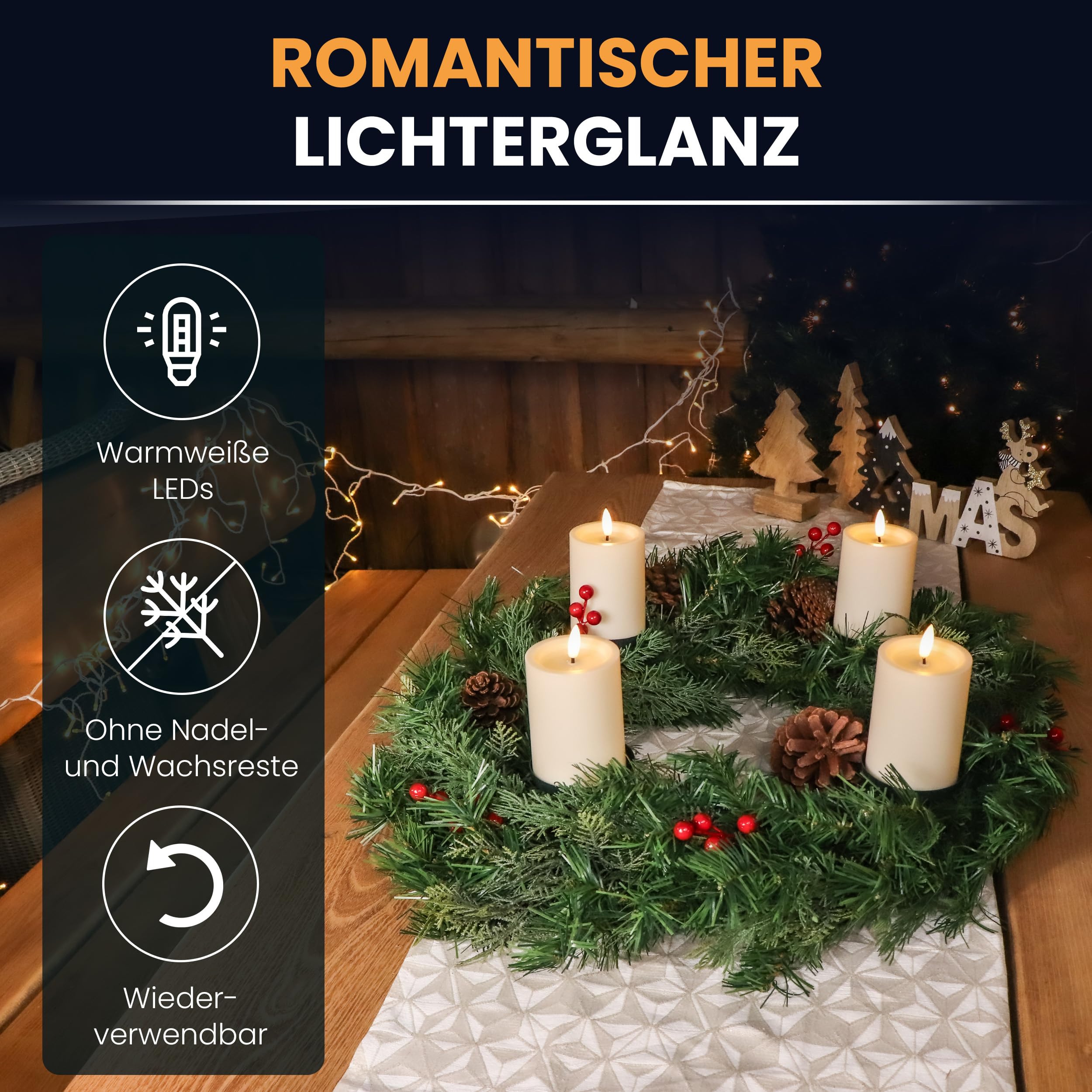 Gartenpirat Künstlicher Adventskranz Ø 60 cm mit 4 LED-Kerzen Flacker-Effekt Weihnachtskranz mit Tannenzapfen und roten Beeren geschmückt Adventsgesteck