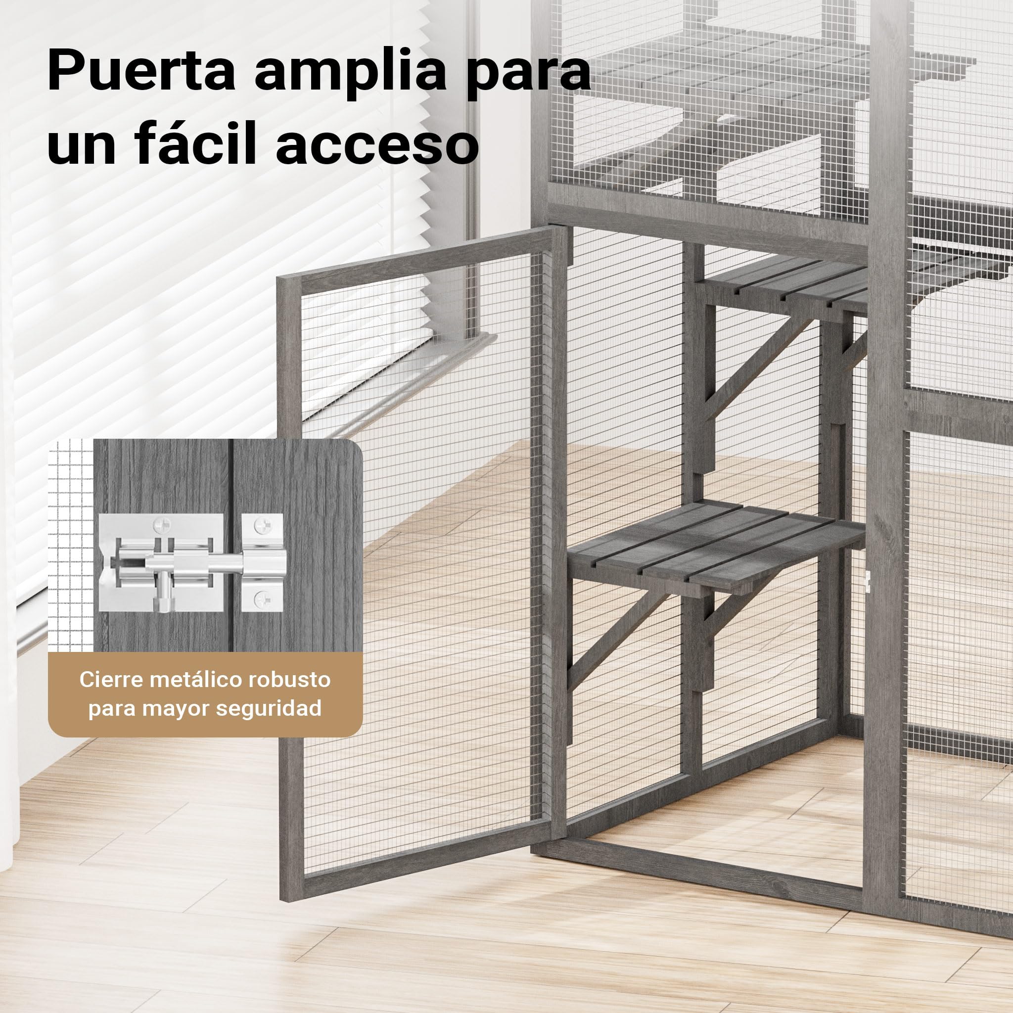 Wiltec Recinto de Exterior para Gatos 116 x 82 x 175,7 cm en Madera de Abeto, Malla de Acero galvanizado, Techo de PVC. Puerta Amplia, 5 Niveles para más Actividad Felina
