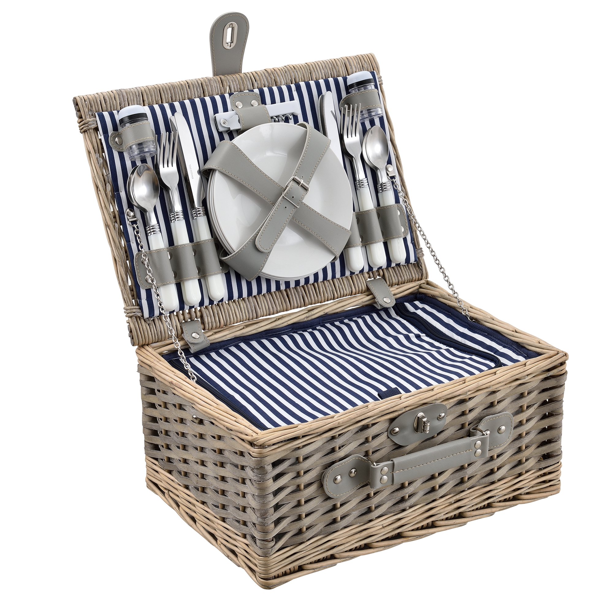 casa.pro Cestino da Picnic per 4 Persone Valigia Picnic in Rami di Salice Vintage Set Incluso Piatti Posate Bicchieri Borsa Termica Cavatappi Saliera Pepiera - Interno Blu/Bianco