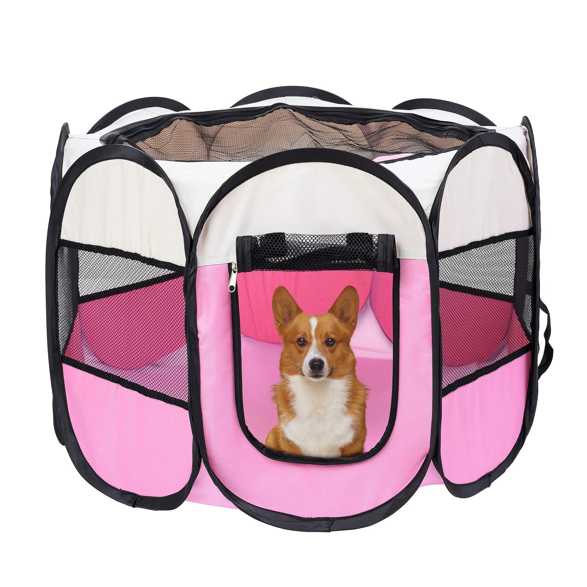 Mile High Life | Foldable Dog Playpen | Portable Dog Crate w Removable Shade Cover | Dog Kennel Indoor/Outdoor w Carry Case | Pen Tent for Dog/Cat/Rabbit(Beige Pink, Medium (36"x36"x23"))