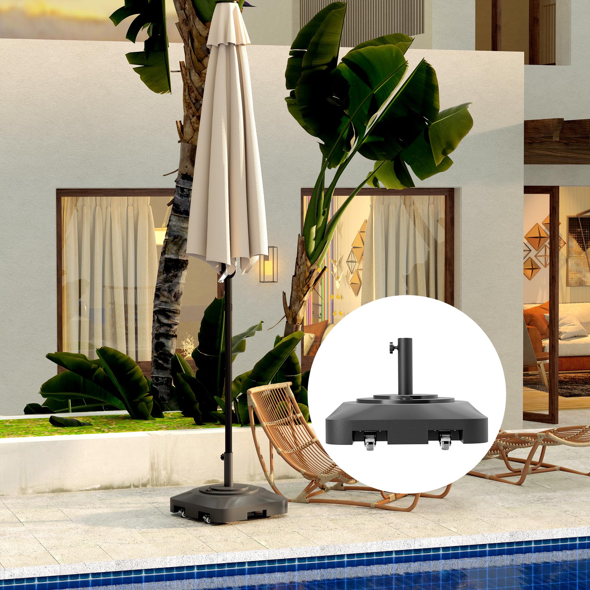 Outsunny Base per Ombrellone a Rotelle con 2 Freni, Basamento per Ombrellone in HDPE con Acqua 19kg e Sabbia a 25 kg, per Pali di Ombrelloni da Ø38/48 mm, 48x48x32.5 cm, Nero