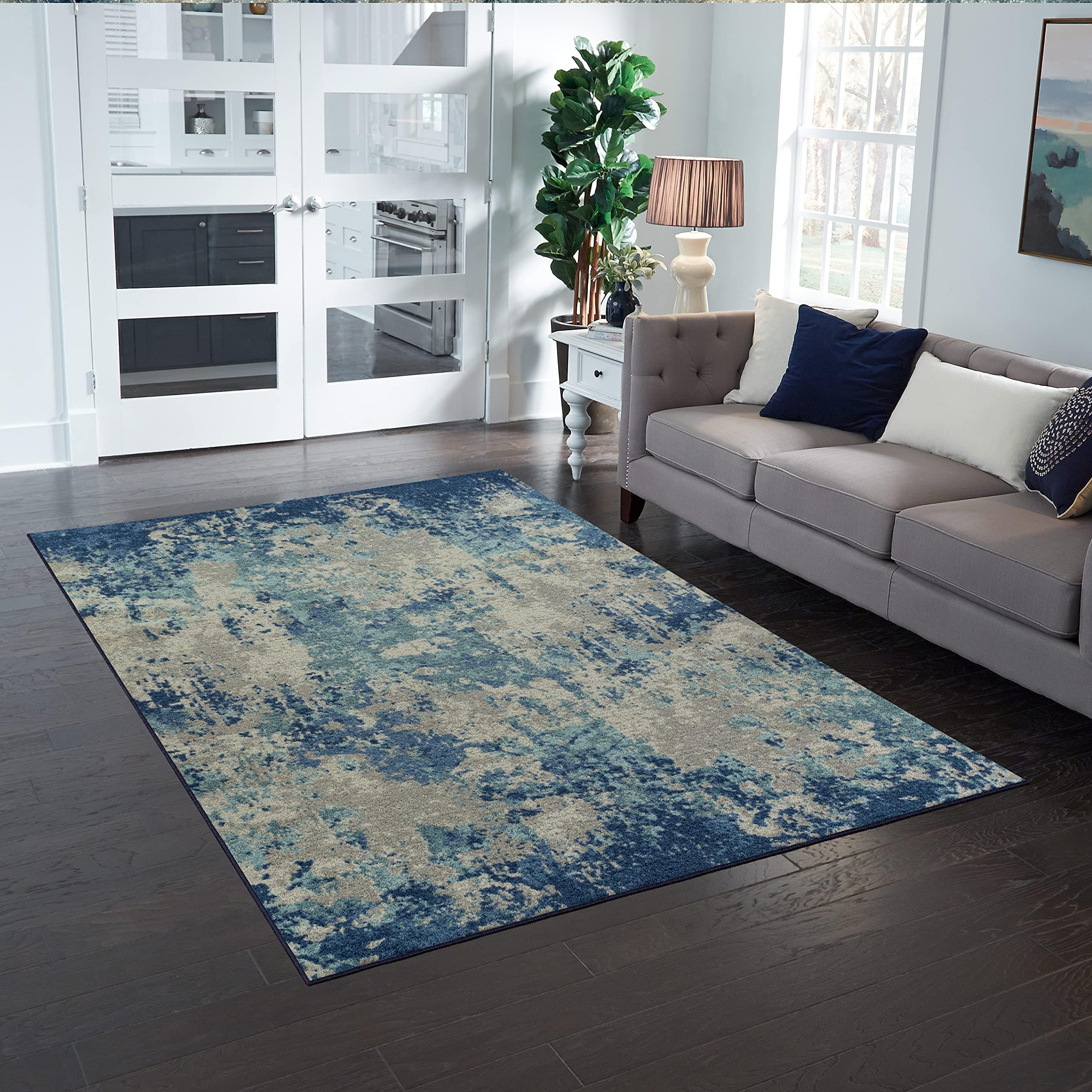 Maples Rugs Horizon Modern Abstract Area Rug - Made in USA - Low Pile, Non Slip Pet-Friendly Large Mat for Bedroom, Office, Living & Dining Room, 7' x 10', Arctic Blue