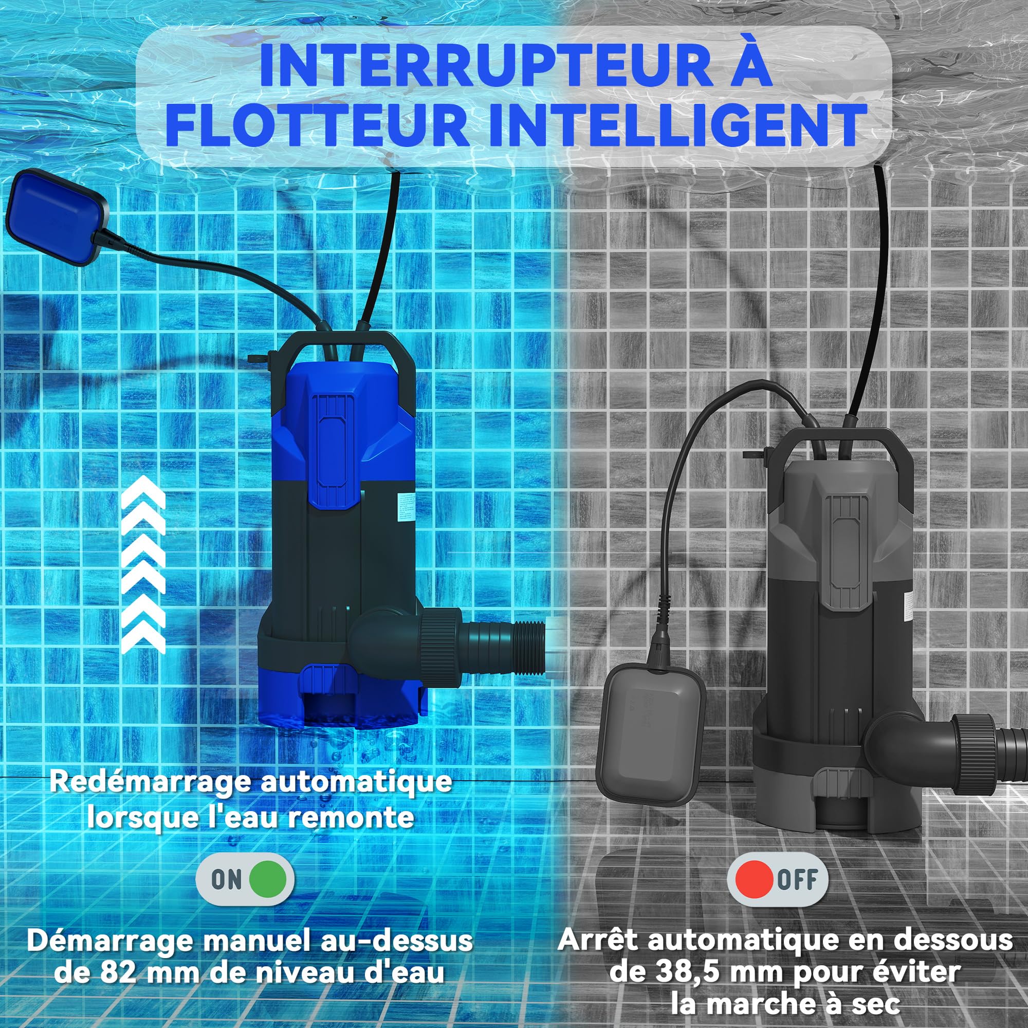 Outsunny Pompe d'évacuation eaux chargées/propres 20000L/H 750W, profondeur max. 7m, Pompe de relevage eaux chargées avec interrupteur à flotteur, pour eaux sales avec particules jusqu'à 35 mm, noir