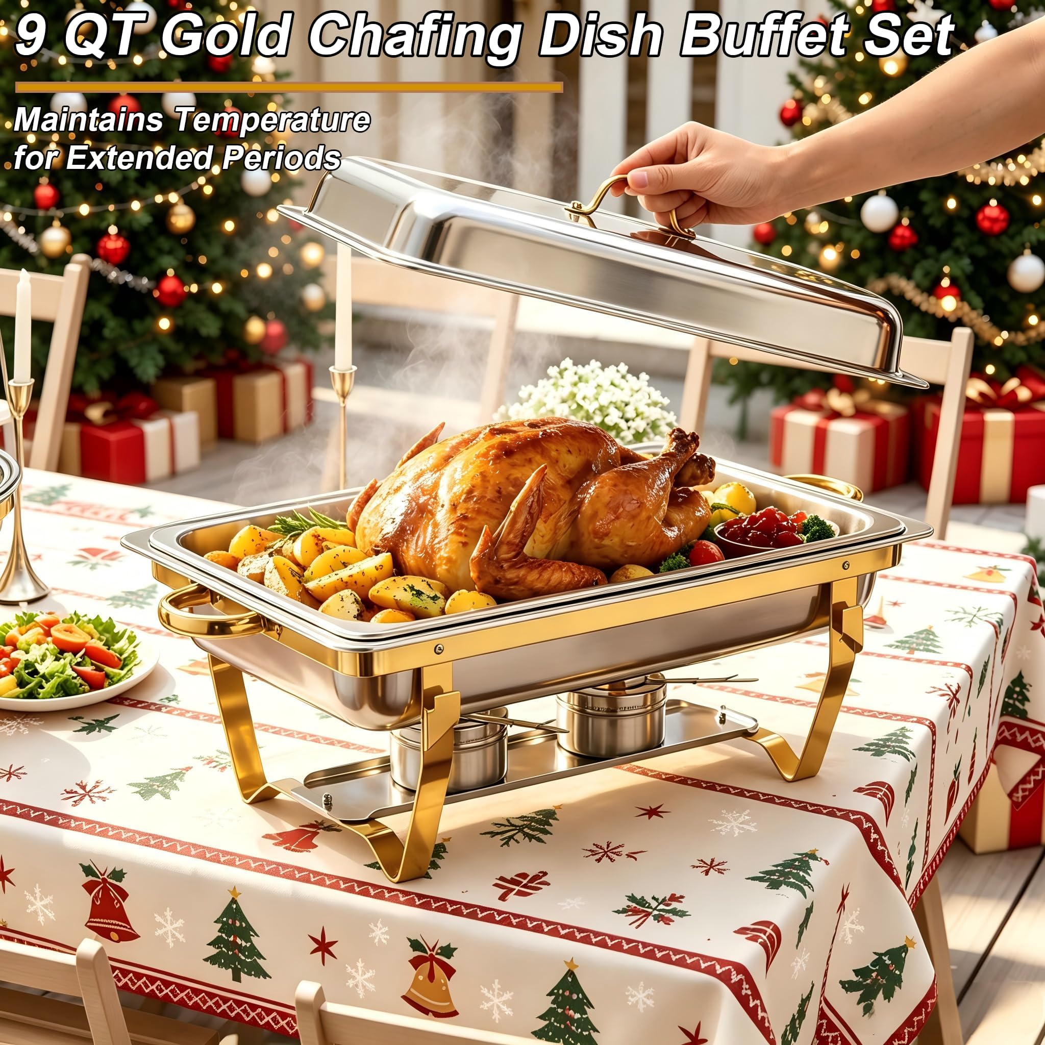 4 Stück Rechteckig Chafing Dish 9QT Edelstahl Warmhaltebehälter | Bain-Marie Heizung, 7 Pfannen, Komplettes Set mit Utensilien, Faltbarer Ständer, Stapelbare, für Kreise, Hochzeit, Catering