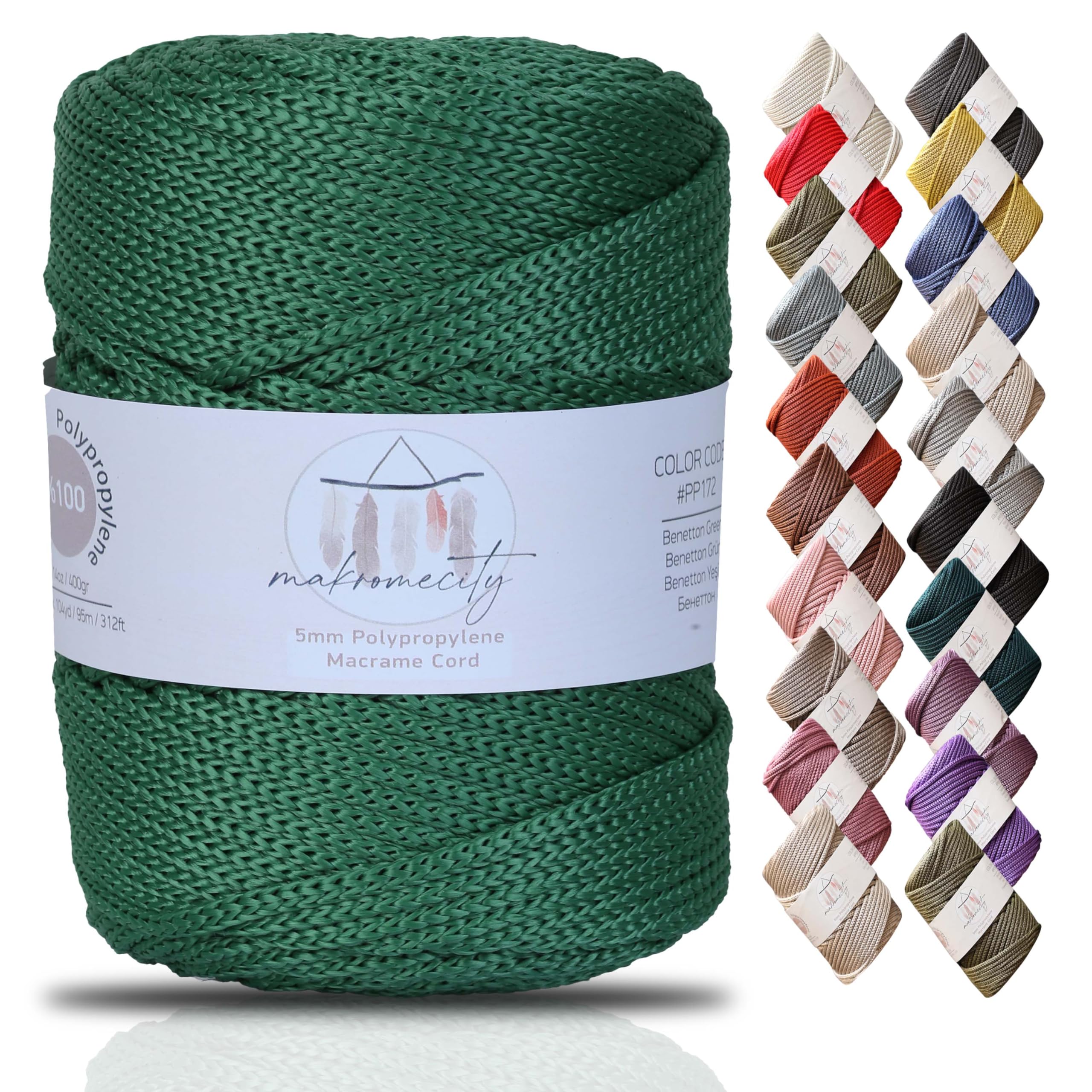 Makromecity, Premium Polyester Macrame Cord 5mm x 104 yards (311 feet) 5mm Polypropylene Macrame Cord Crochet Macrame Bag Cord Crafts for Wall Hangings, Bags, Underplate, Rug (Benetton Green)
