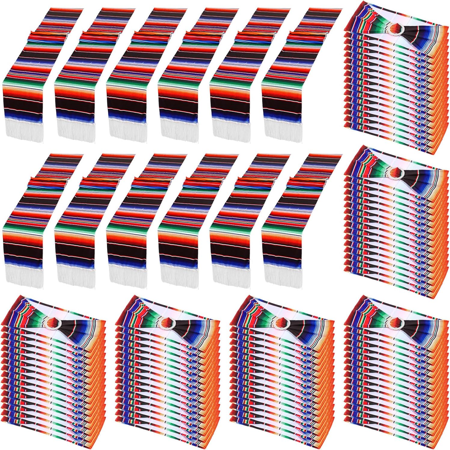 Newwiee 54 Pcs Mexican Stretch Chair Sashes with Table Runners, Cinco De Mayo Chair Bows Sashes Fringe Table Runner for Party Wedding Reception Banquet Decorations