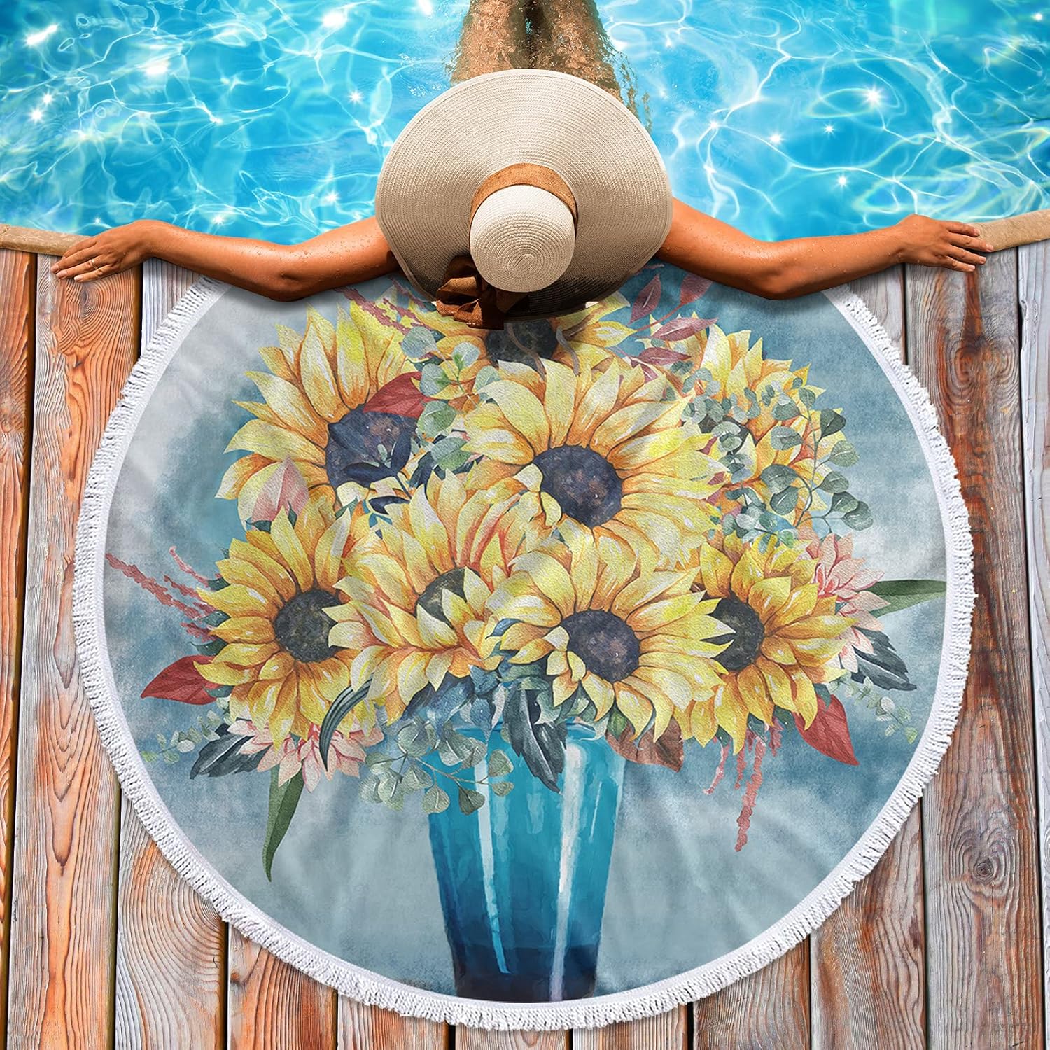 Beach Towels Oversized with Tassels (59”x59”),Sunflower