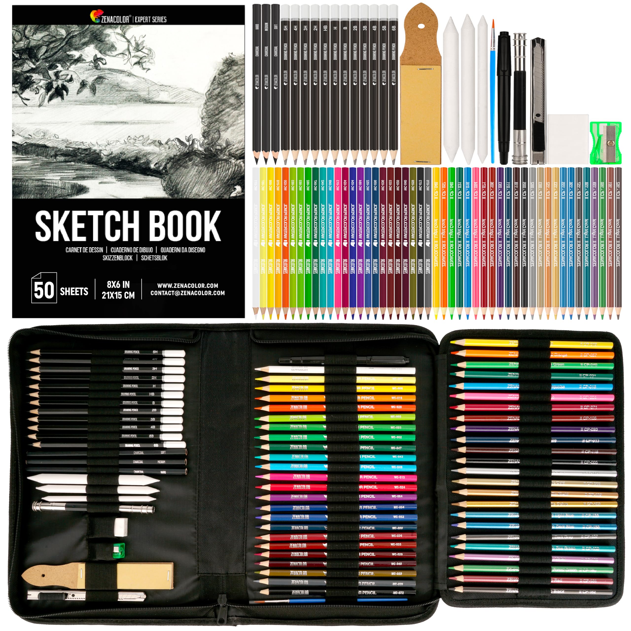 Zenacolor Kit Disegno Professionale, 74 Pezzi Set Disegno, Con Matite Colorate, Da Schizzo Grafite e Accessori in Astuccio Portatile, 1 Album da Disegno