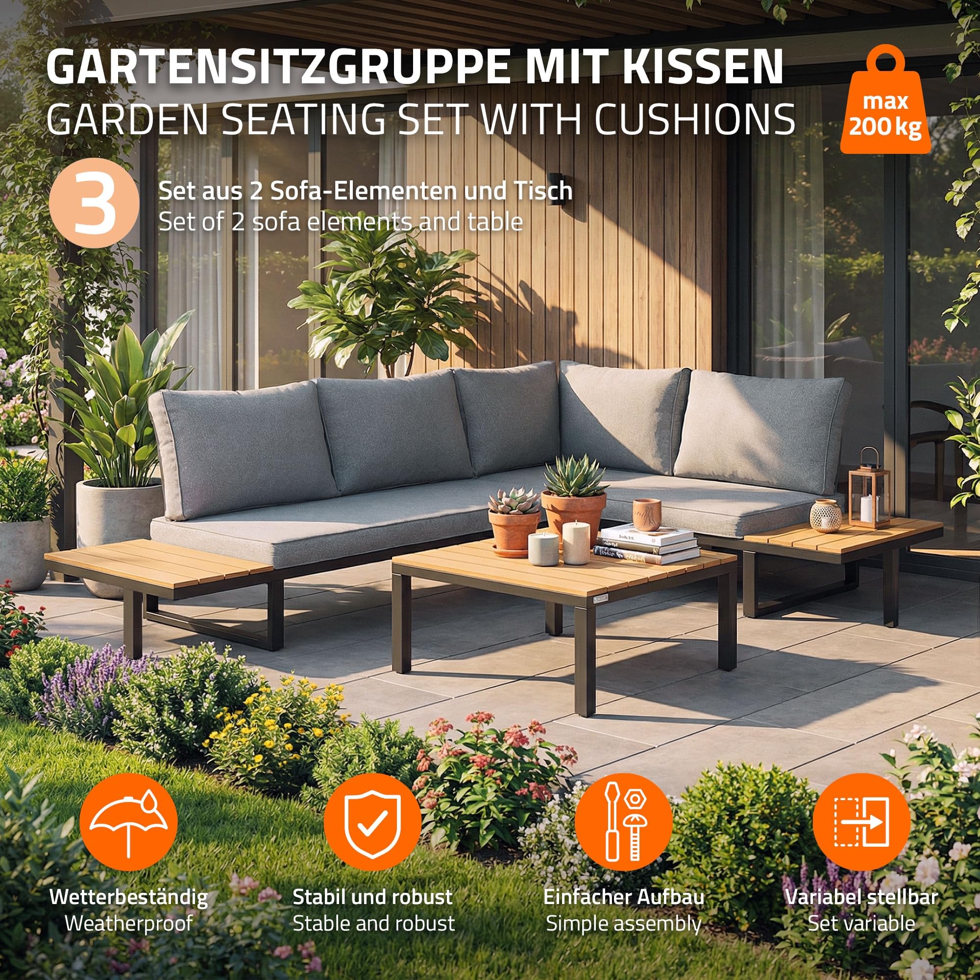 ML-Design Set Mobili da Giardino Grigio Effetto Legno 3 Pezzi con Tavolino e Cuscini, Divano Angolare per Terrazza e Balcone, Sedute Combinabili Resistenti alle Intemperie, Arredo Lounge Esterno