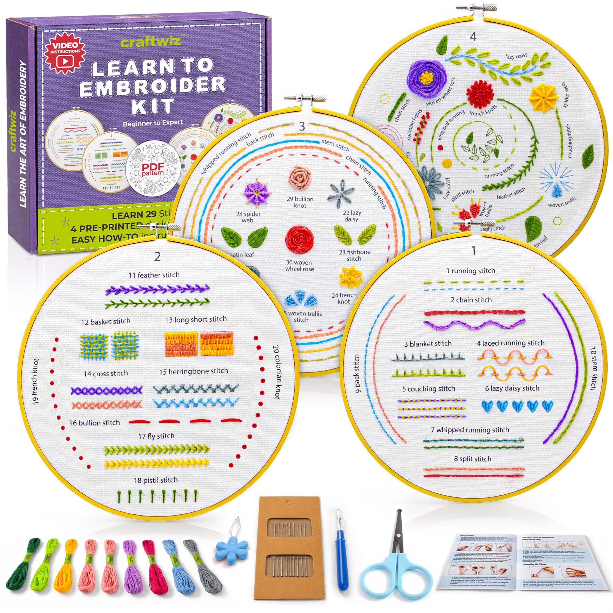 Photo 1 of Craftwiz 4-Piece Starter Embroidery Kit for Beginners and Expert with Simple Patterns, Learn 29 Stitches with Hand Embroidery Kit