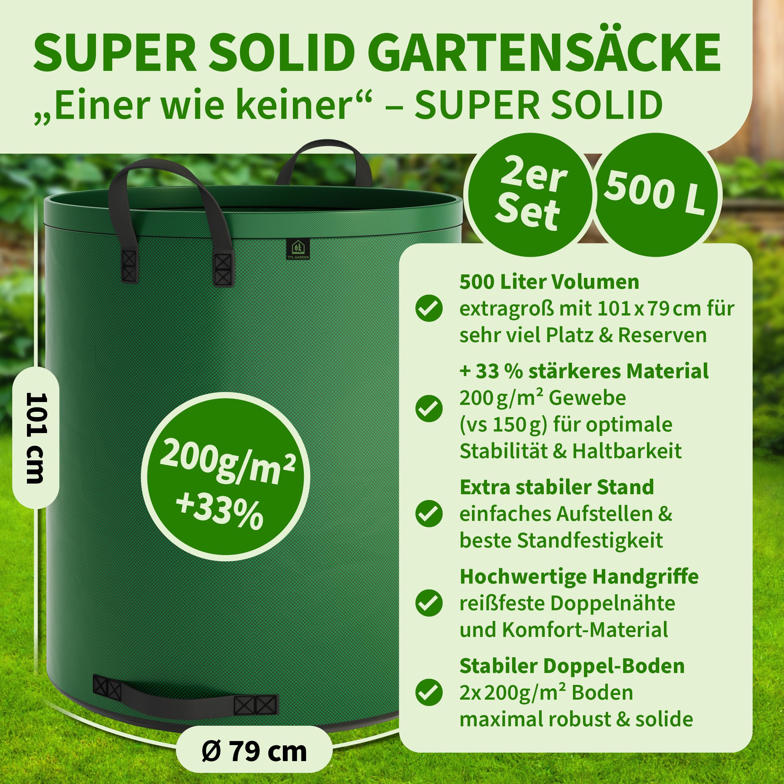 TTL Garden 2 x 500 l super solidny worek ogrodowy zielony – podwójne dno 2 x 200 g/m², bardzo stabilny i odporny na rozerwanie, wolnostojący, 4 uchwyty, duży, wytrzymały, zestaw 2 worków na liście