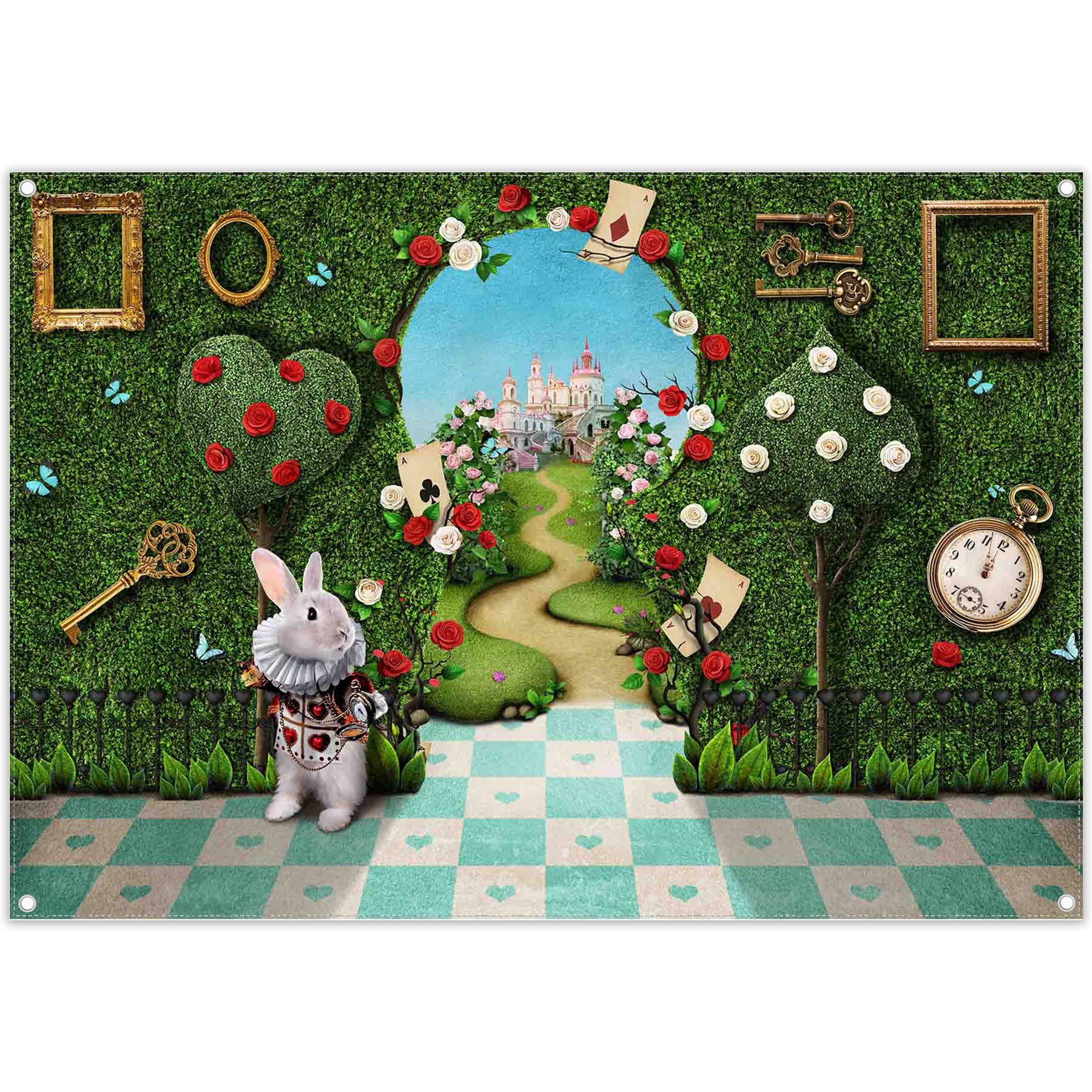 Yriujul 7x5ft Fabric Wonderland Tea Party Photography Backdrop Key Hold Checkerboard Background for Newborn Birthday Fairy Tale Photo Tapestry Booth