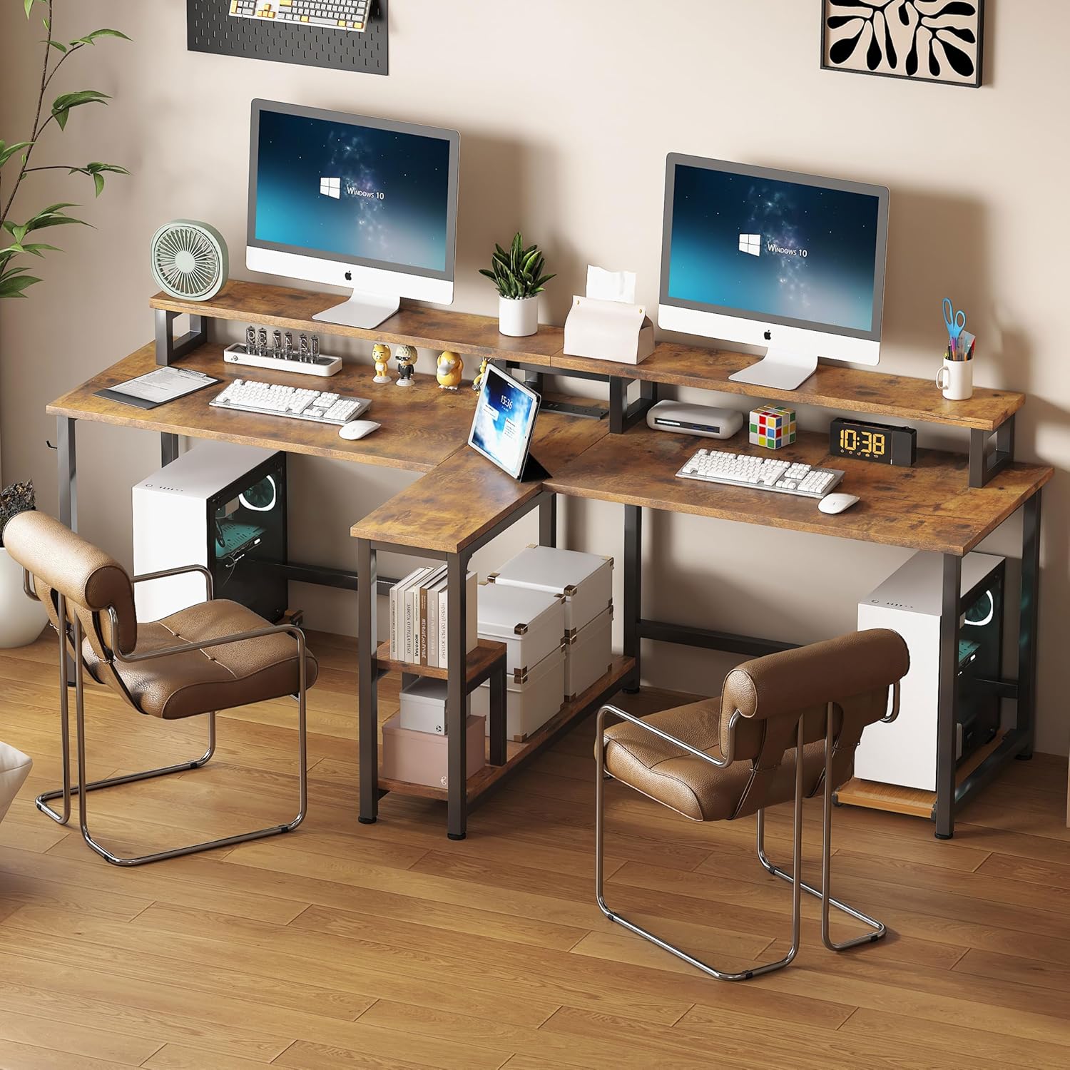 COTUBLR Two Person Desk with LED Lights & Power Outlet, 83.7" Extra Long Computer Desk with Monitor Stand & Storage Shelves, Double Study Work Writing Desk Workstation for Home Office, Rustic Brown