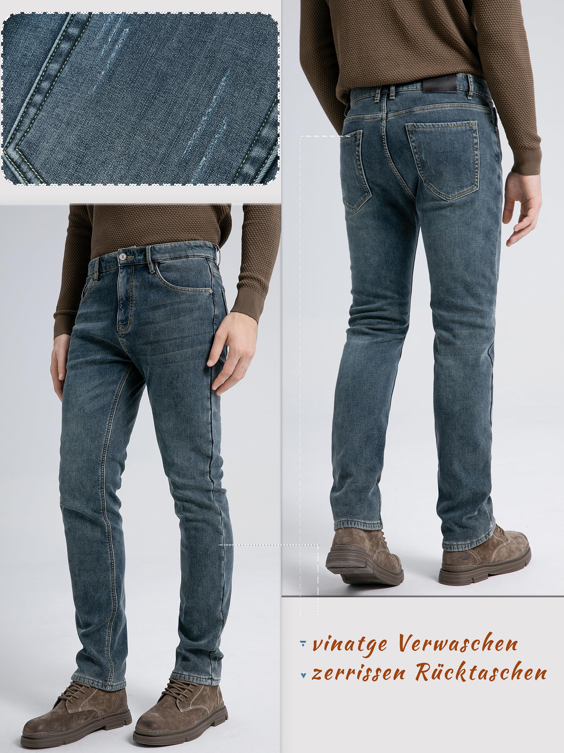 Jeans termici da uomo, Slim Fit, Grigio, M, 76 cm, 33 pollici