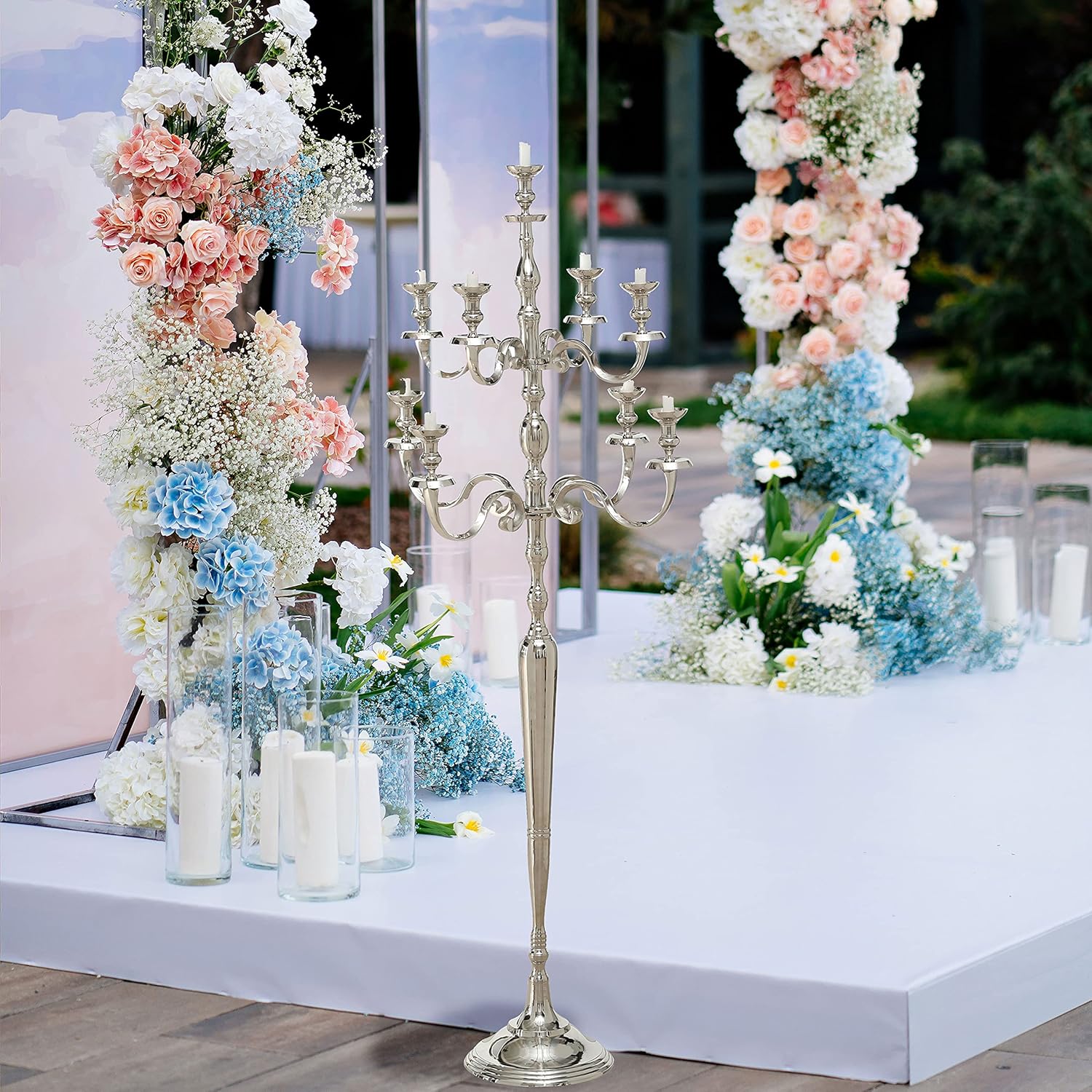 Hamptons Nine Candle Silver Candelabra, Handcrafted of Silver Aluminum Nickel, 6 Feet Tall (71 Inches Tall -180 cm) for 9 Candles
