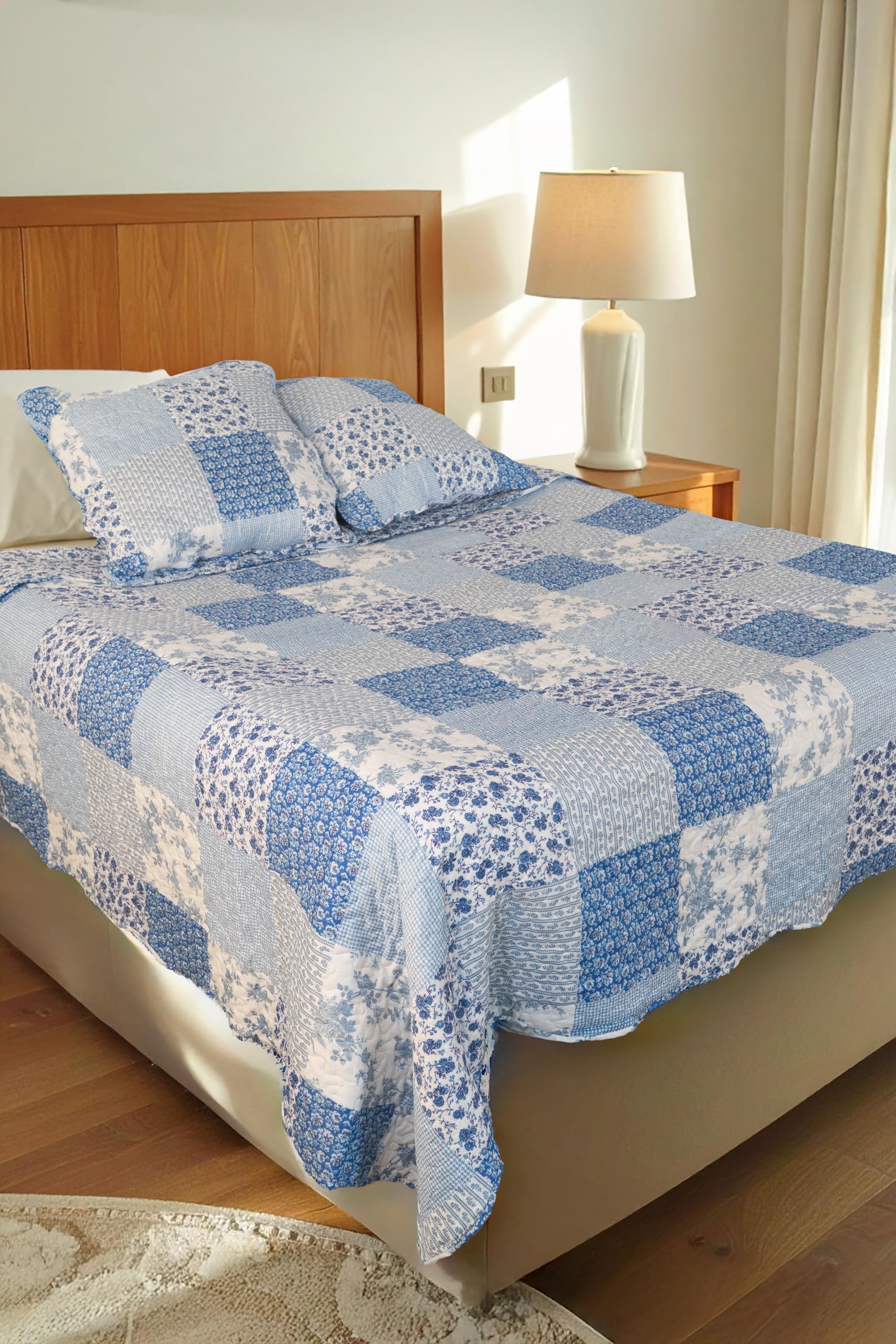 Boutis Patchwork Bleu Mimosa, Dessus de lit 230x250 cm avec 2 Taies d'oreiller 65x65 cm, Couvre-lit Matelassé 2 Personnes, Dessus de lit Fleurs