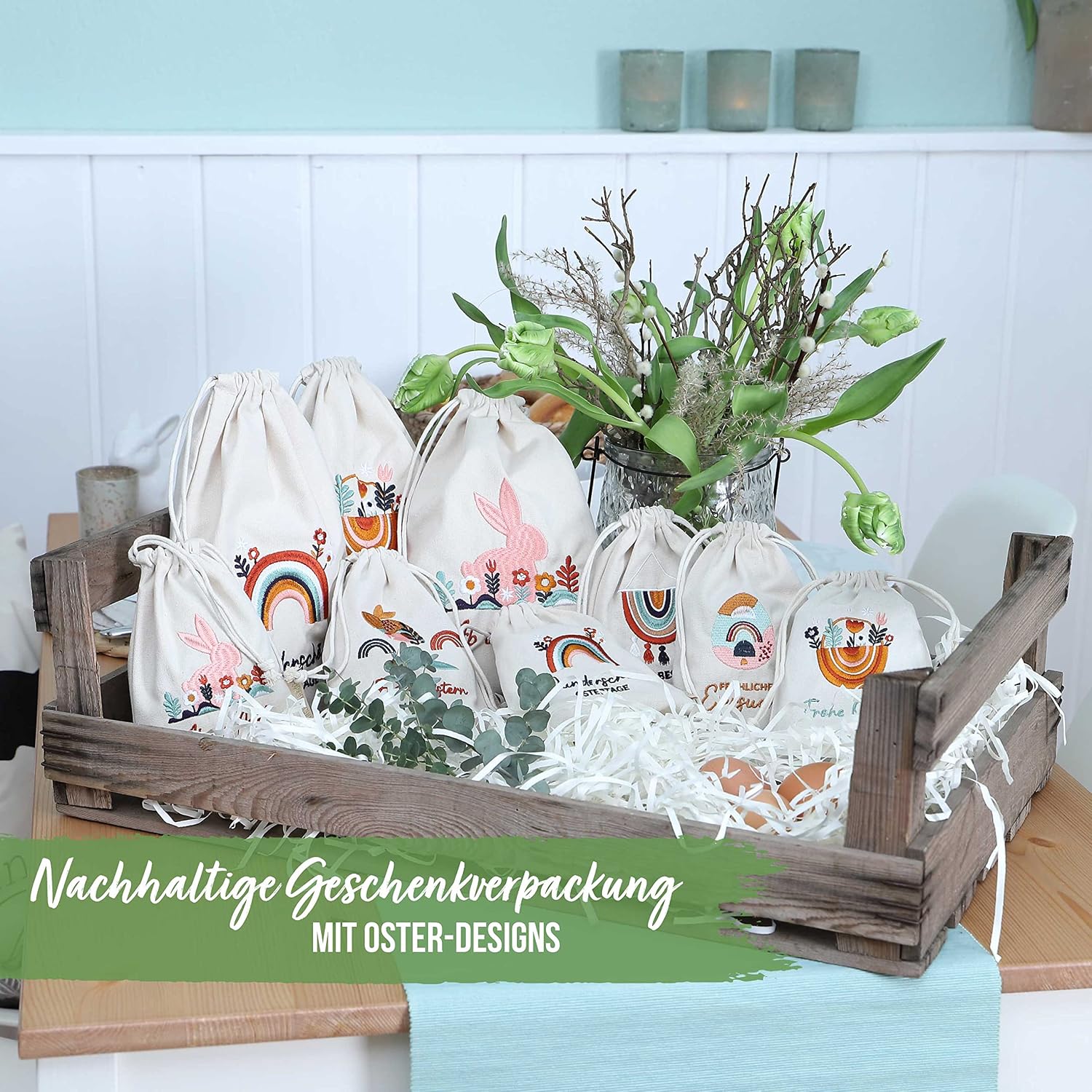 Papierdrachen 6 linen bags with embroidery, Easter packaging, table decoration, fabric bags for Easter boho, 13 x 18 cm, set 2 - Image 5