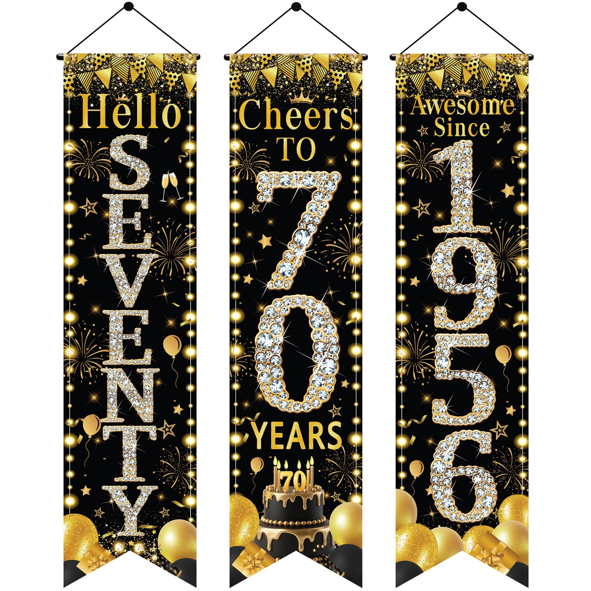 70th Birthday Decorations Door Banner - Black and Gold Awesome Since 1956 Porch Signs, 3Pcs 3.9x0.9ft Hello Seventy and Cheers to 70 Years Party Supplies