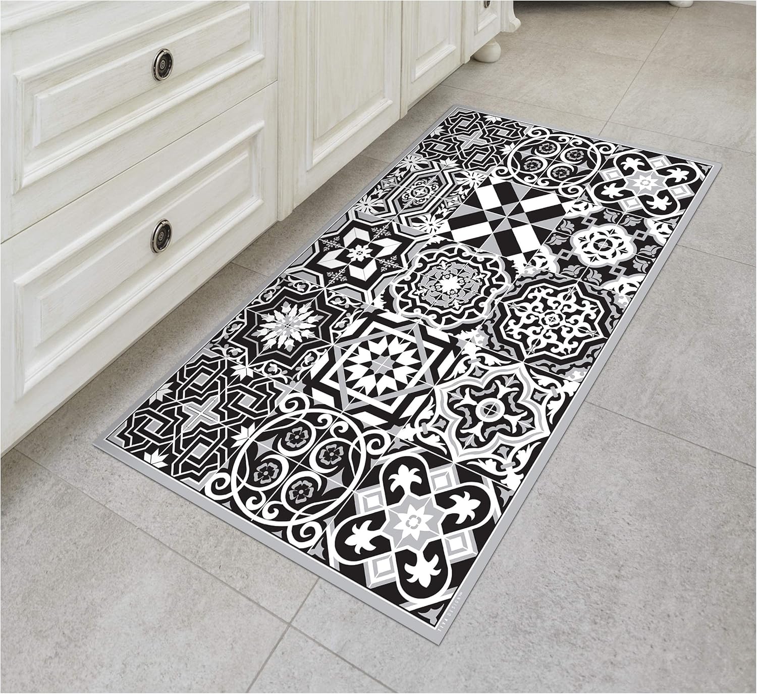 IRI-GIRI Vinyl Kitchen Floor Mat Decorative Linoleum PVC Rug Runner Tile Flooring, Colorful, Durable, Anti-Slip, Hand Washable, and Protects Floors 63" x 23.6", Black and White 272