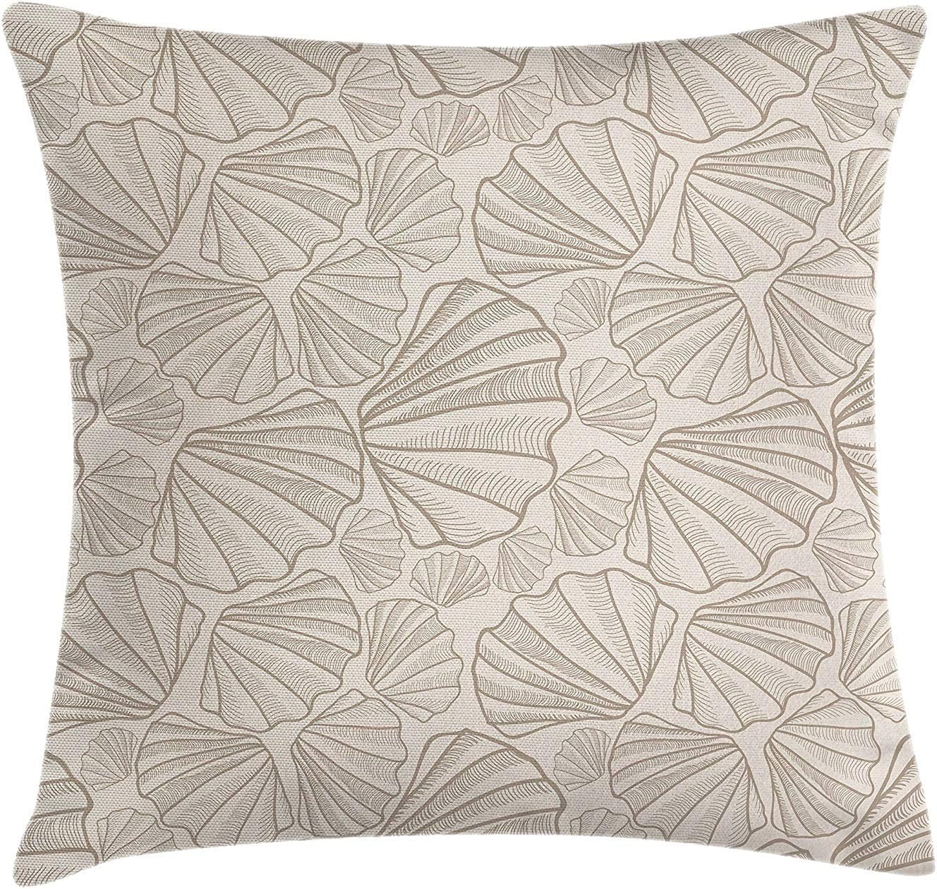 WCMBY Seashells Throw Pillow Cushion Cover, Retro Style Tropical Sea Pattern with Mollusk Conch Hand Drawn Style Figures, Decorative Square Accent Pillow Case, 18 X 18 inches, Tan and Beige