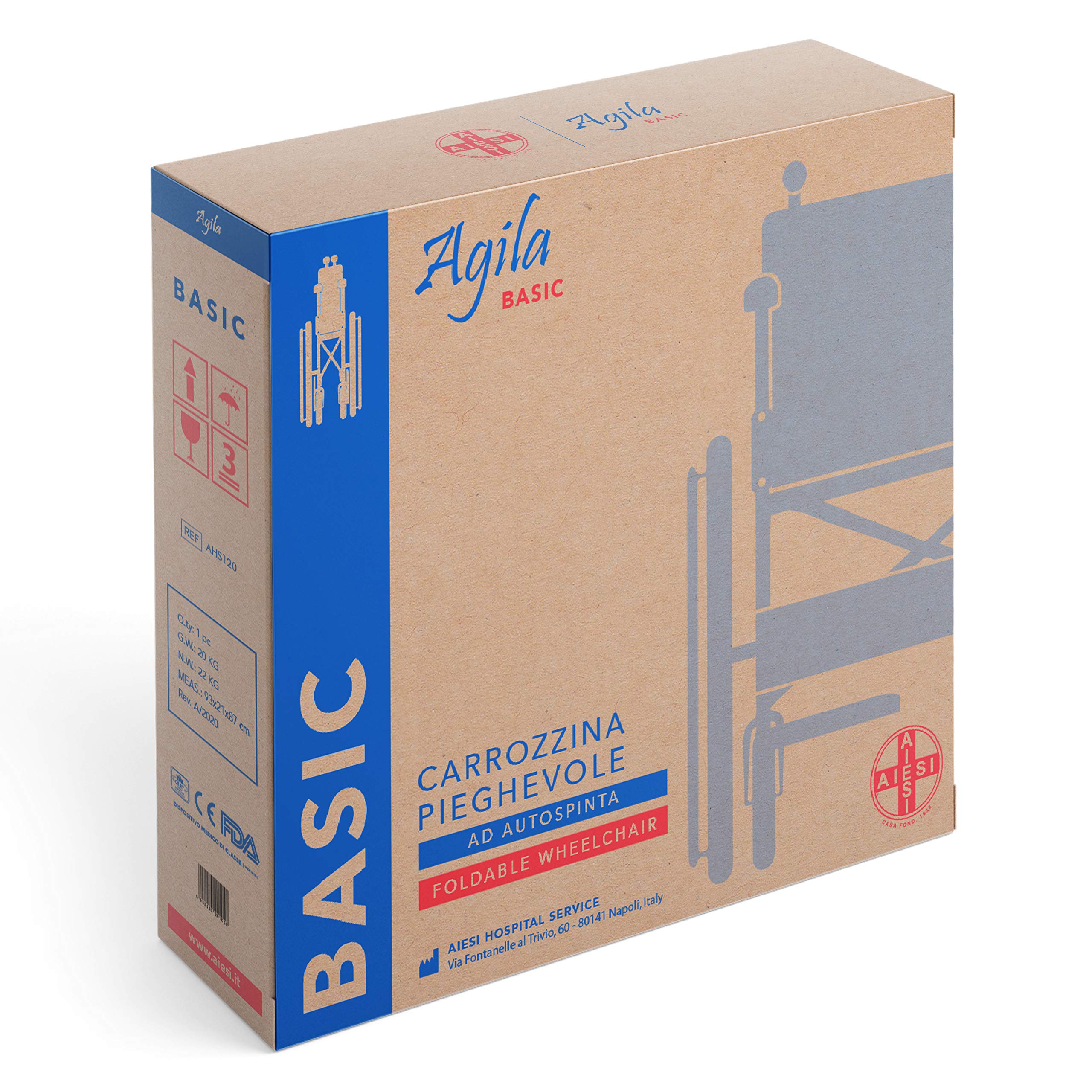 AIESI® Silla de Ruedas plegable ligera de autopropulsión para discapacitados y mayores AGILA BASIC, Reposabrazos y Reposapiés fijos, Cinturon de seguridad, Garantía de 24 meses