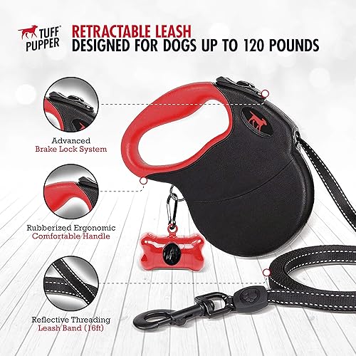Miniatura 3 de Tuff Pupper Correa retráctil resistente para perro, correa de perro de 16 pies con costuras reflectantes para seguridad nocturna, bloqueo y