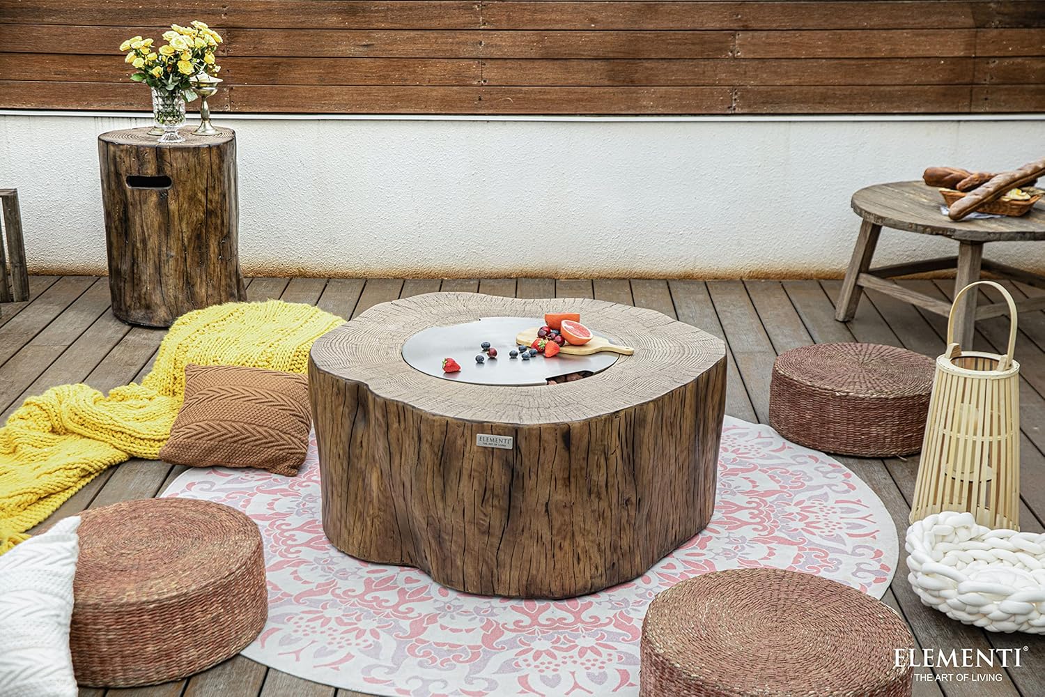 Elementi | Bundle Manchester Gas Fire Pit Cast Concrete Semi-Round Fire Table, Outdoor Fire Pit Electronic Ignition | Canvas Cover, Lava Rock Included | Red Wood | Natural Gas