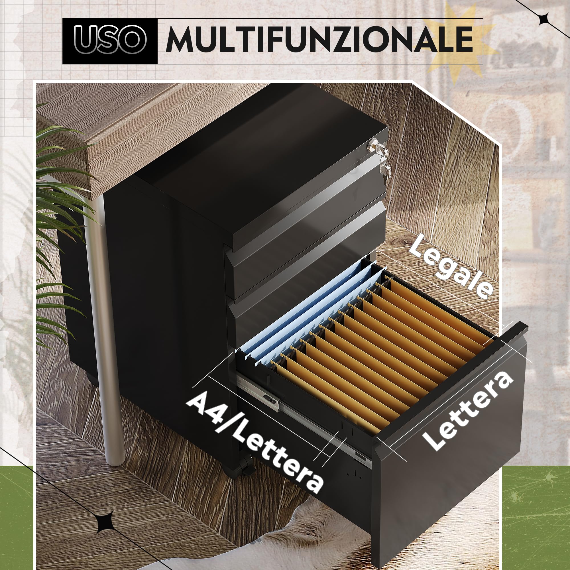 DEVAISE Carrello Portadocumenti con 3 Cassetti Bloccabili, Mobile Ufficio Multifunzione, Scaffale Stampante e Cassettiera con Ruote,Nero