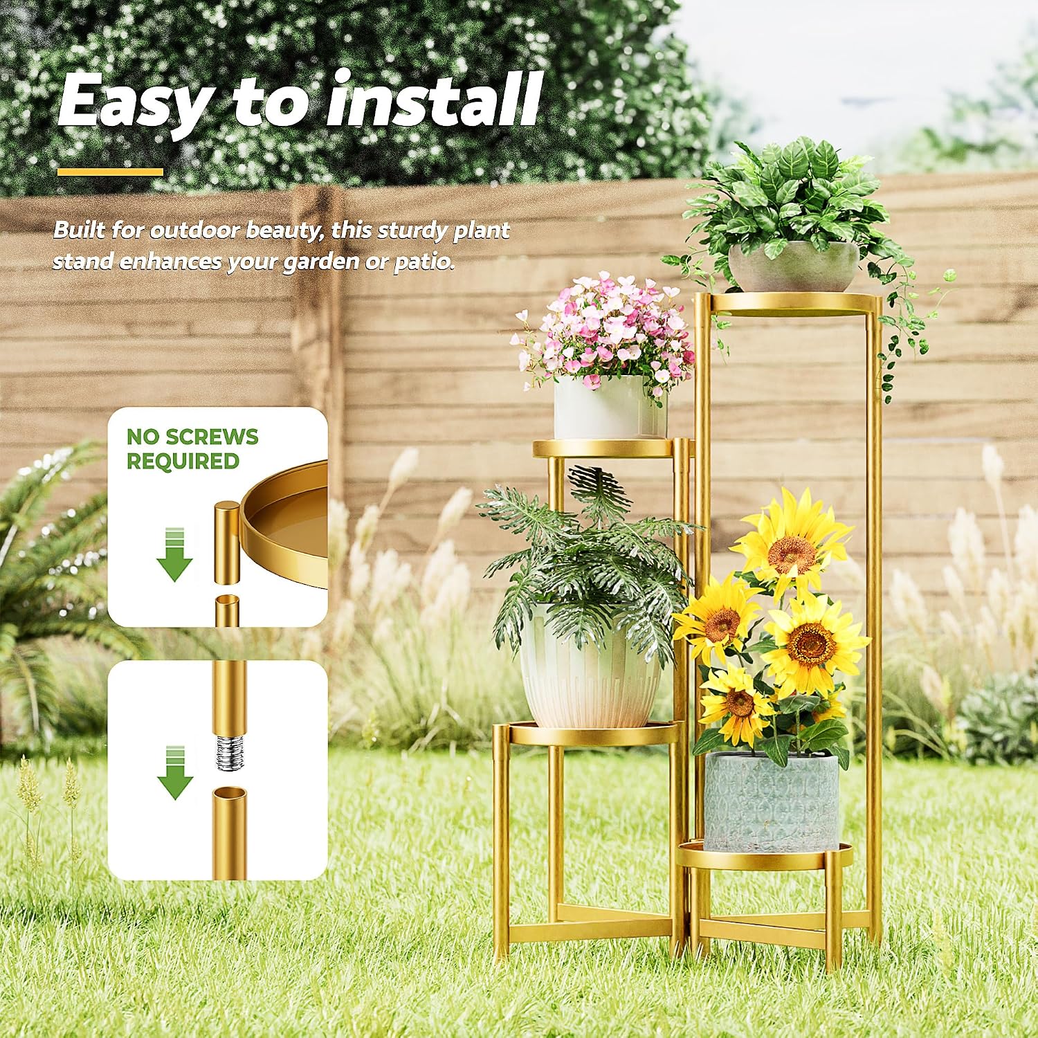 Gold Plant Stand, 4 Tiered Plant Stand Indoor for Multiple Large Planter, Tall Heavy Duty Adjustable Folding Rack with Rustproof 7.9 Inch Wide Tray, Plant Shelf for Corner - GoldDisk