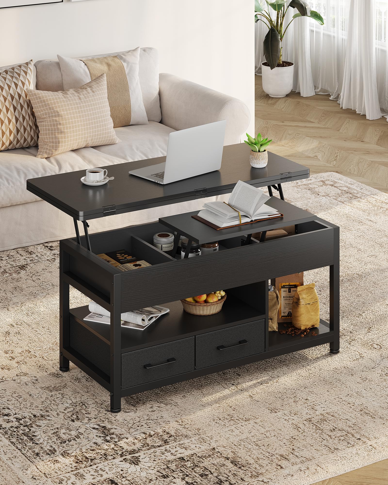 Couchtisch Höhenverstellbar, 3-in-1-Multifunktions-Wohnzimmertisch, Couchtisch mit 2 Schubladen, Kaffeetisch, Versteckte Aufbewahrung, Offenes Fach, Als Esstisch nutzbar, für Wohnzimmer, Büro, Schwarz