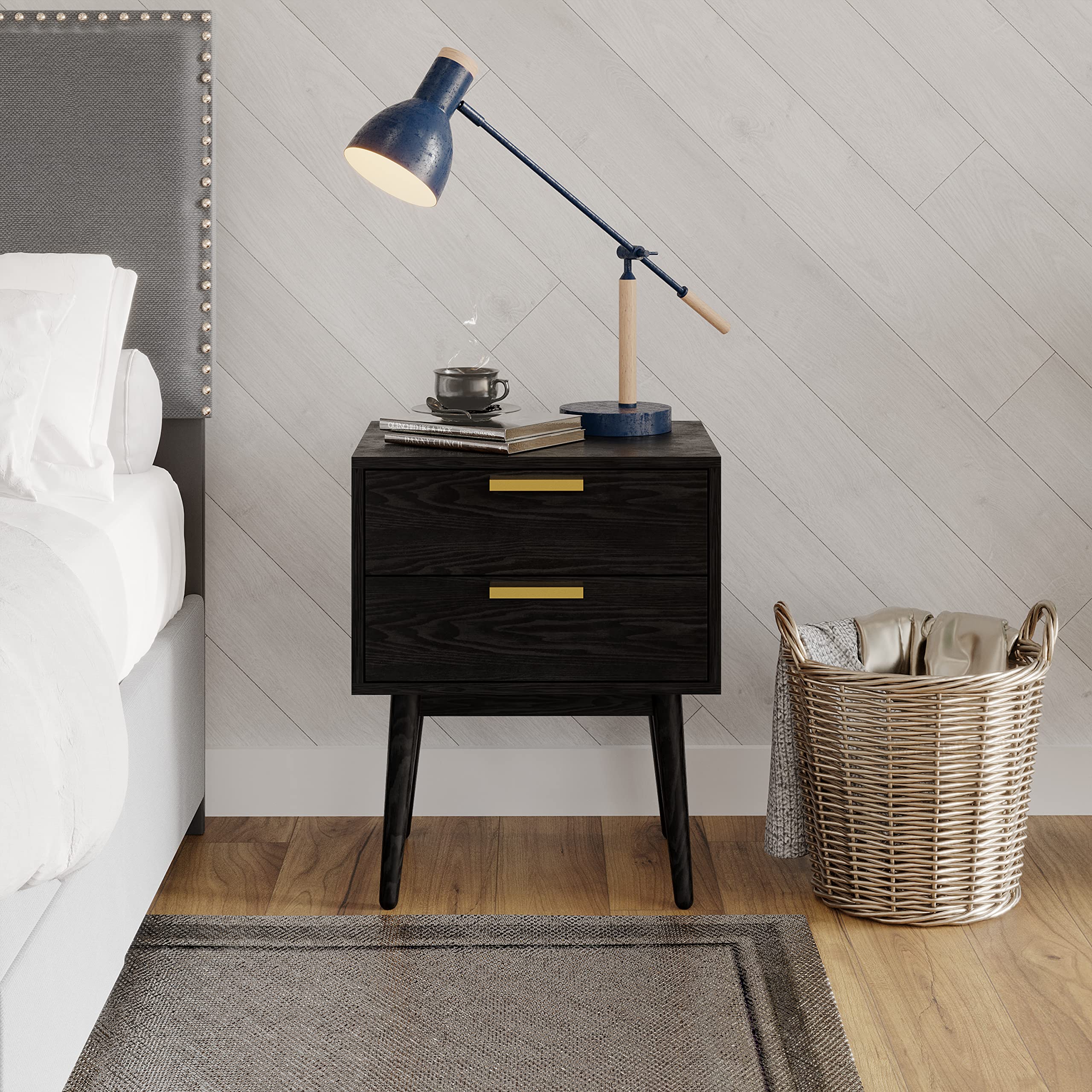 DG Casa Ives Easy Assembly Mid Century Modern Bedroom Nightstand Accent Bedside Table with Two Drawers on Ball Bearing Drawer Slides - Night Stand in Charcoal & Gold Drawer Pulls