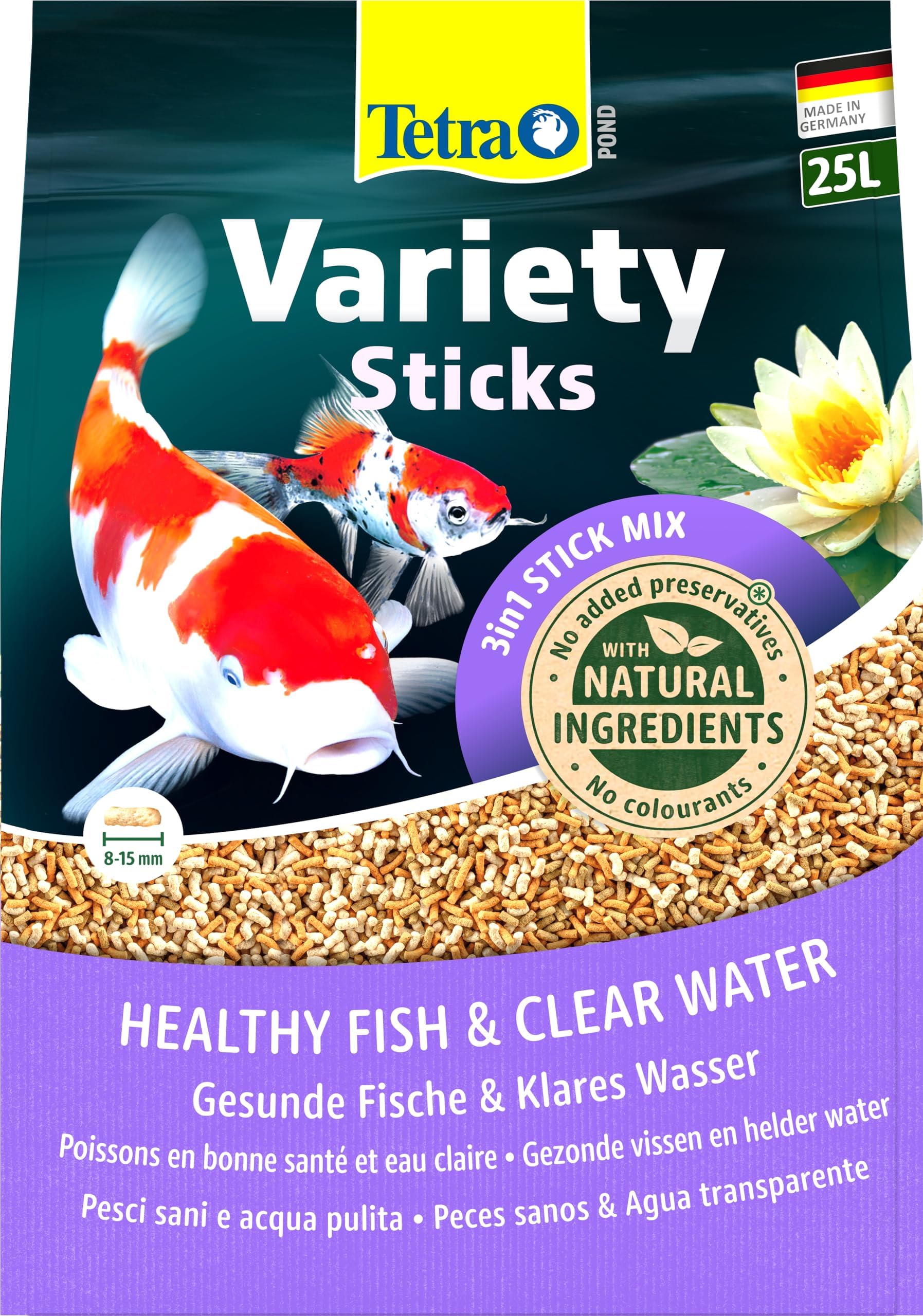 Tetra Pond Variety Sticks - Mezcla de Alimentos para Peces compuesta por Tres Sticks Diferentes, para Salud, Colorido y vitalidad de Todos los Peces de Estanque, Bolsa de 25 L