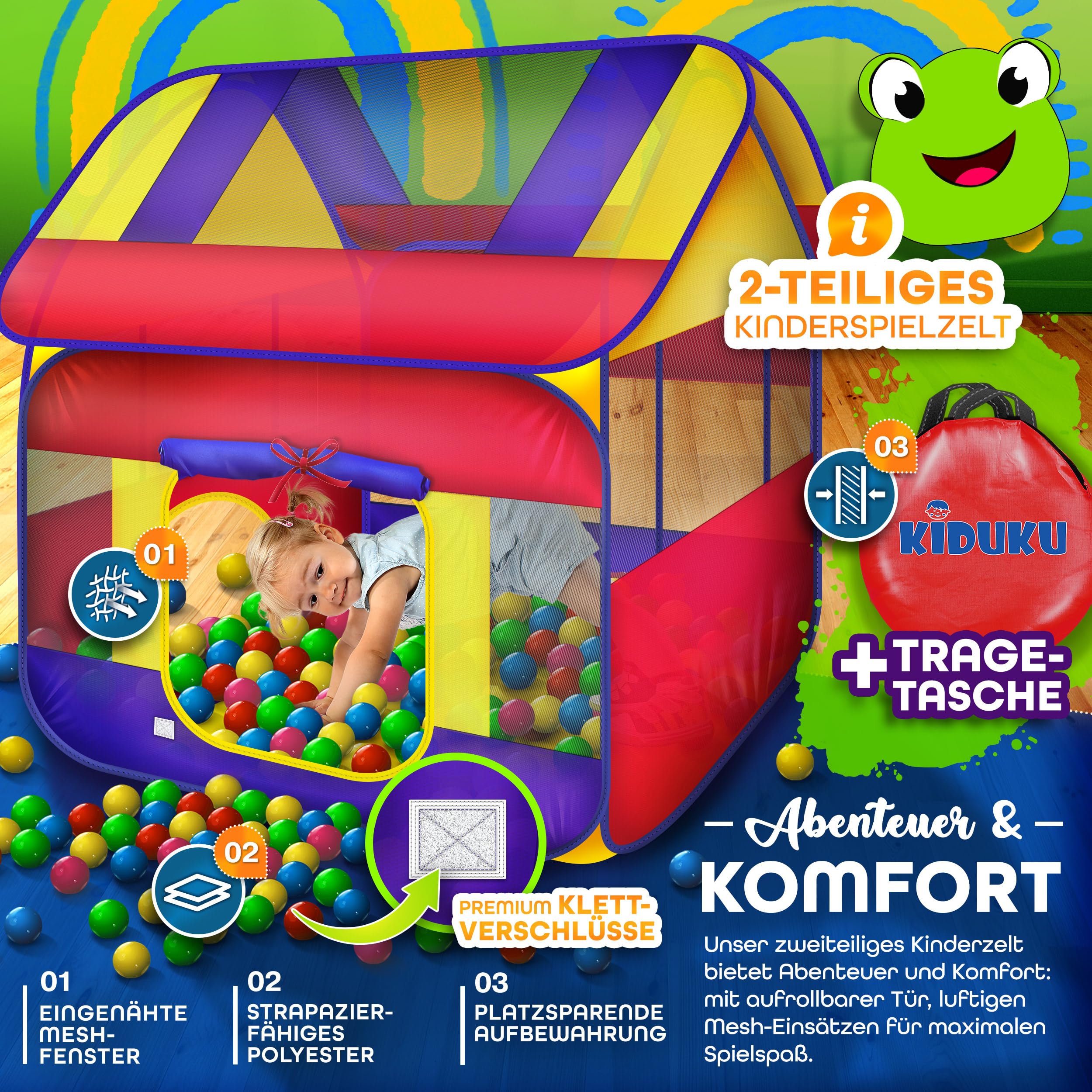 KIDUKU® Bällebad XXL + 300 Bälle + Tasche Spielhaus Babyzelt Spielzelt Kinderzelt ideal für dinnen und draußen